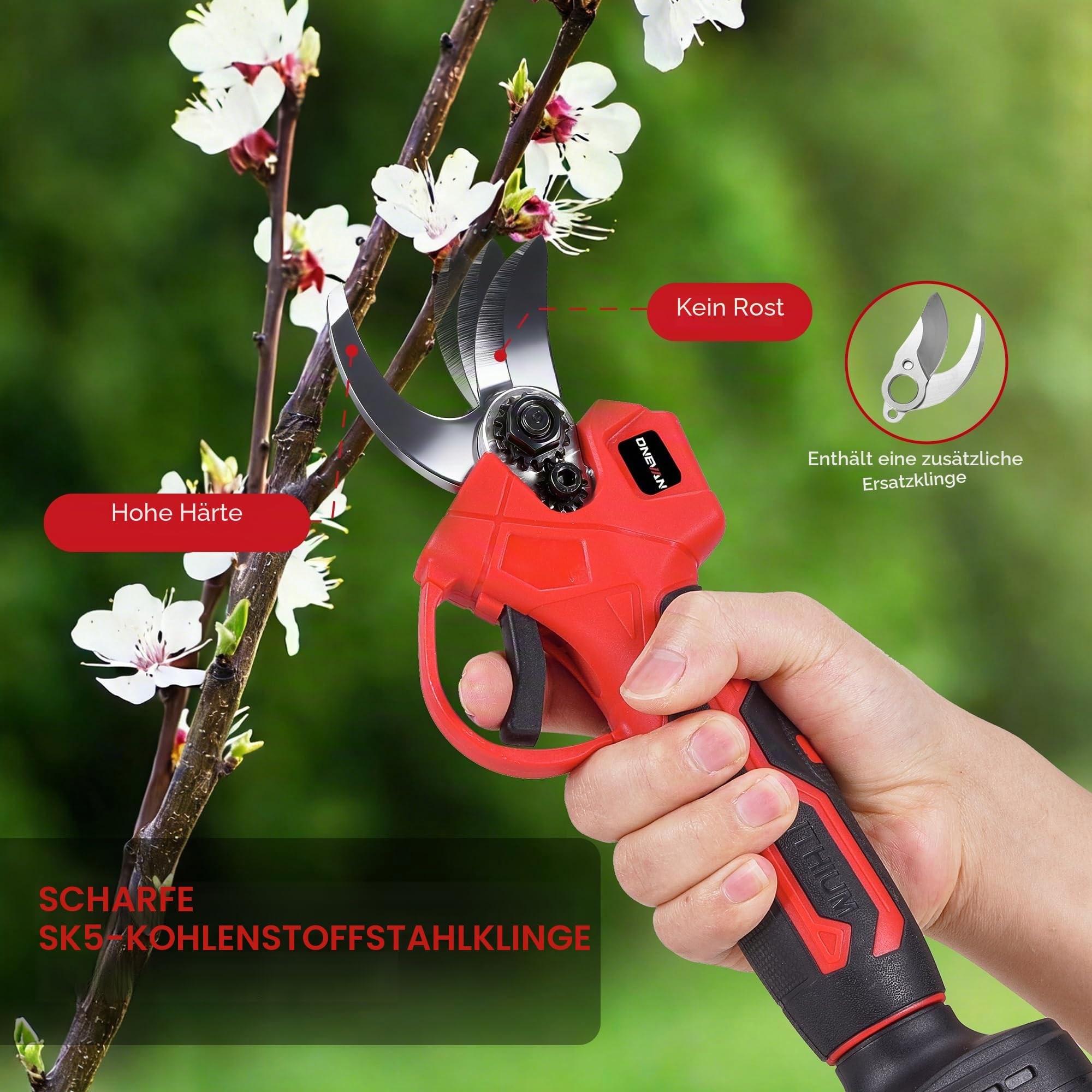 ONEVAN Akku Astschere, Elektrische Baumschere 25mm Schnittdurchmesser, Bürstenlos, Kabellos & Leicht, inkl. 2x1,5Ah Akkus, SK5 Klingen, kabellos Gartenschere für Garten, Baum, Heckenschnitt (Rot)