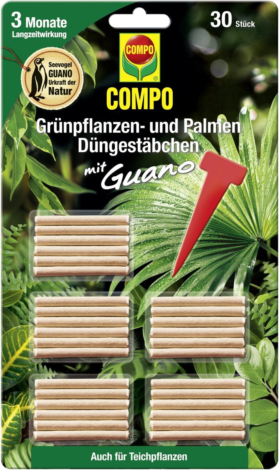 COMPO Green Plant and Palm Tree Fertiliser Sticks with Guano, Long-Lasting Effect for 3 Months, Pack of 30