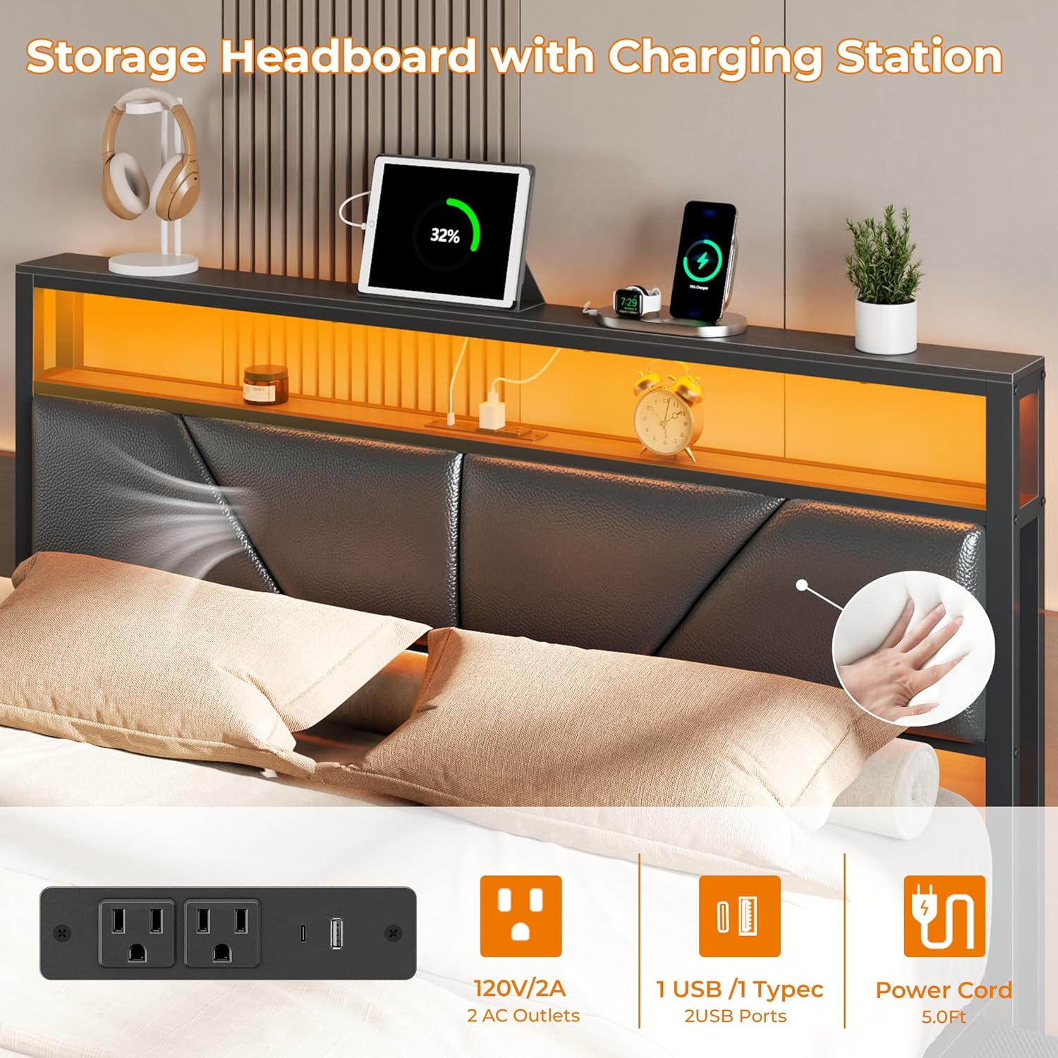 Queen Bed Frame, 2-Tier Storage Headboard & 6 Fabric Drawers, PU Leather Upholstered Queen Size Platform Bed with Charging Station and LED Lights, No Box Spring Needed, Noise Free