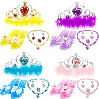 20 Pcs Princess Dress Up Set Includ 4 Pairs Heels Shoes 4 Crown and 12 Play Jewelry Toys Necklace Ring Earrings for Little Girls Princess Role Play Toddler Pretend Birthday Gifts