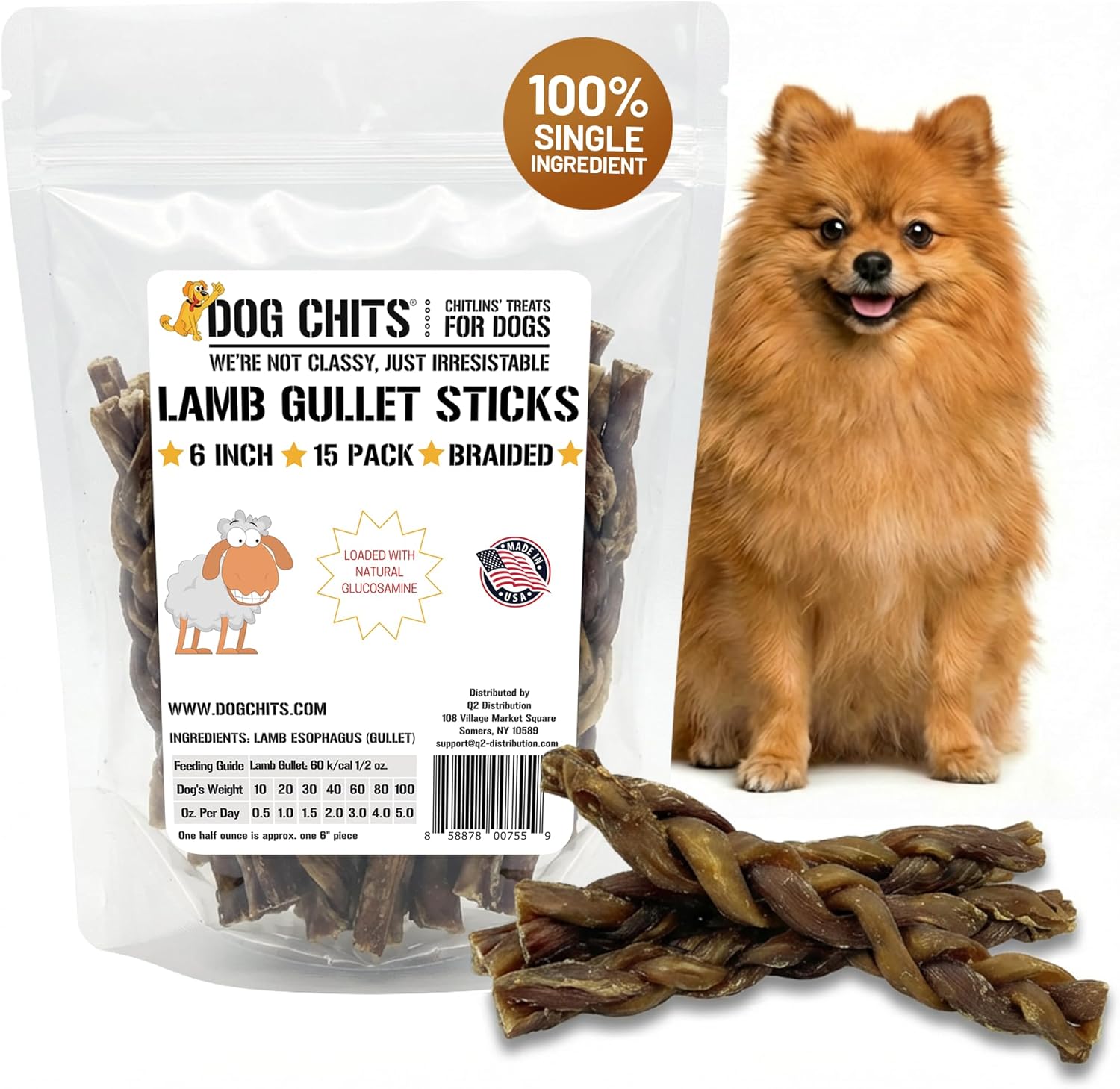 Dog Chits Lamb Esophagus Chews for Dogs & Puppies - Natural Single Ingredient - High Protein, Low Fat Lamb Chew - Long Lasting, Easily Digestible - Great for Joint - Dental Clean Crunch - 6inch, 15pck