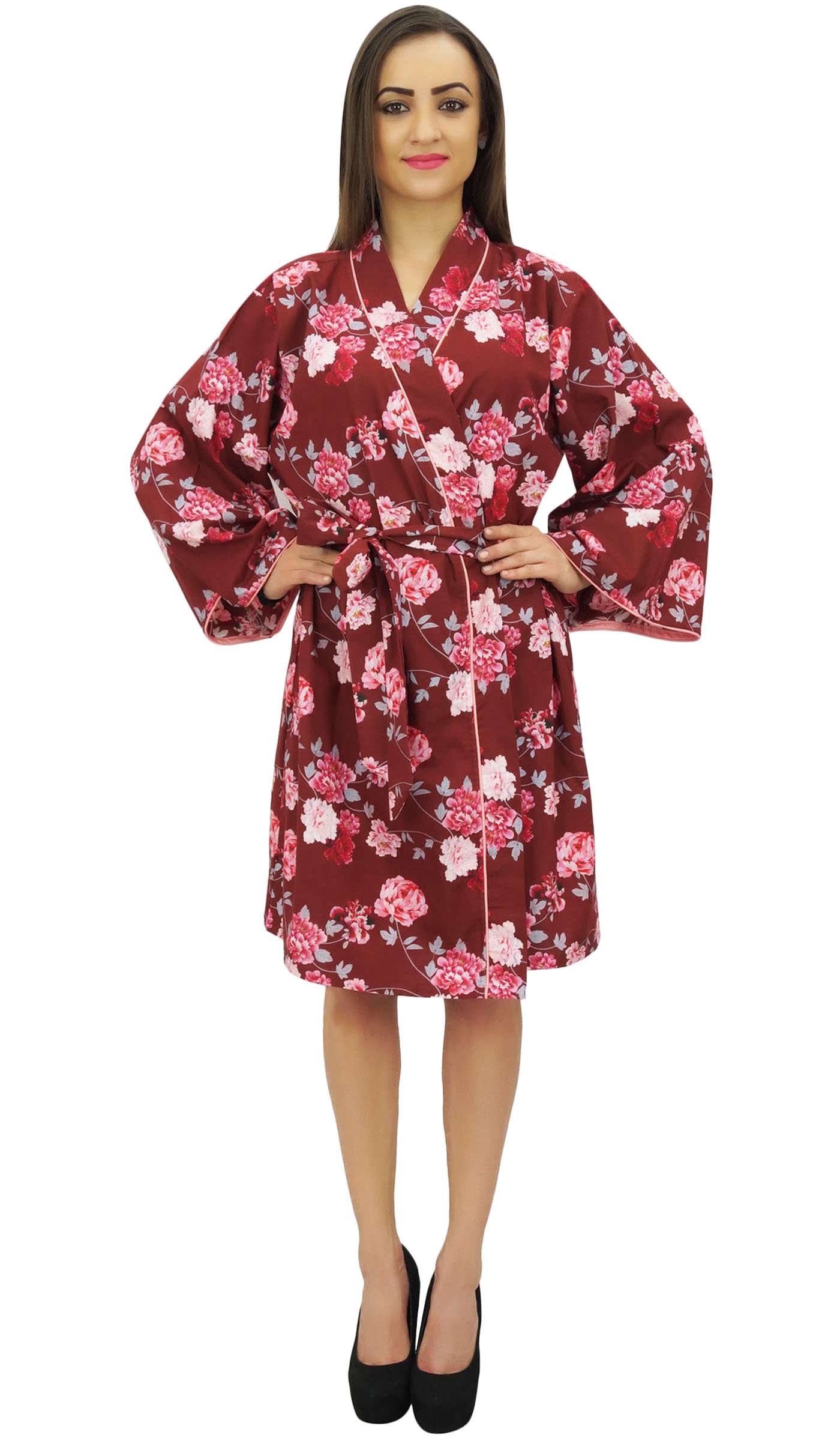 Bimba Maroon Kimono Robe con Cinturon Estampado Floral Ropa De Dormir Coverup - 52