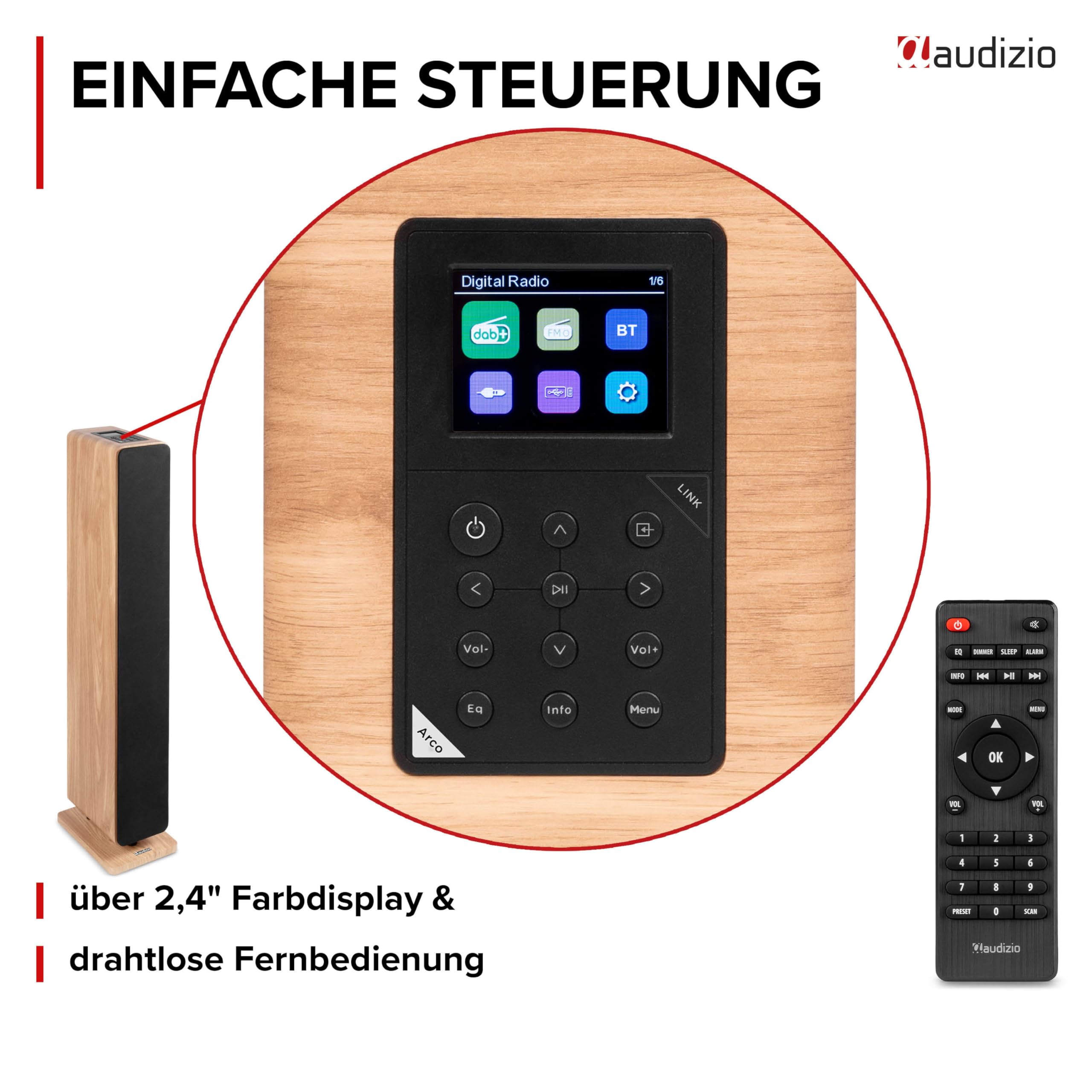 Audizio Arco Standlautsprecher Aktiv 2er Set Bluetooth 5.4 DAB Radio 320 Watt HiFi Lautsprecher Musikanlage Heimkino Soundsystem LED Licht Holzoptik Braun