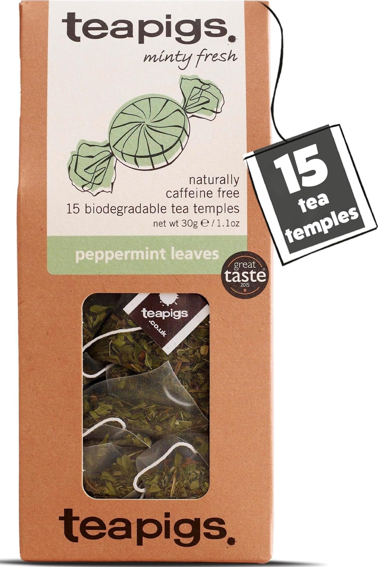 teapigs Peppermint Tea - Caffeine-Free Mint Tea Bags with Whole Peppermint Leaves - Fresh and Minty Blend - 15 Temples