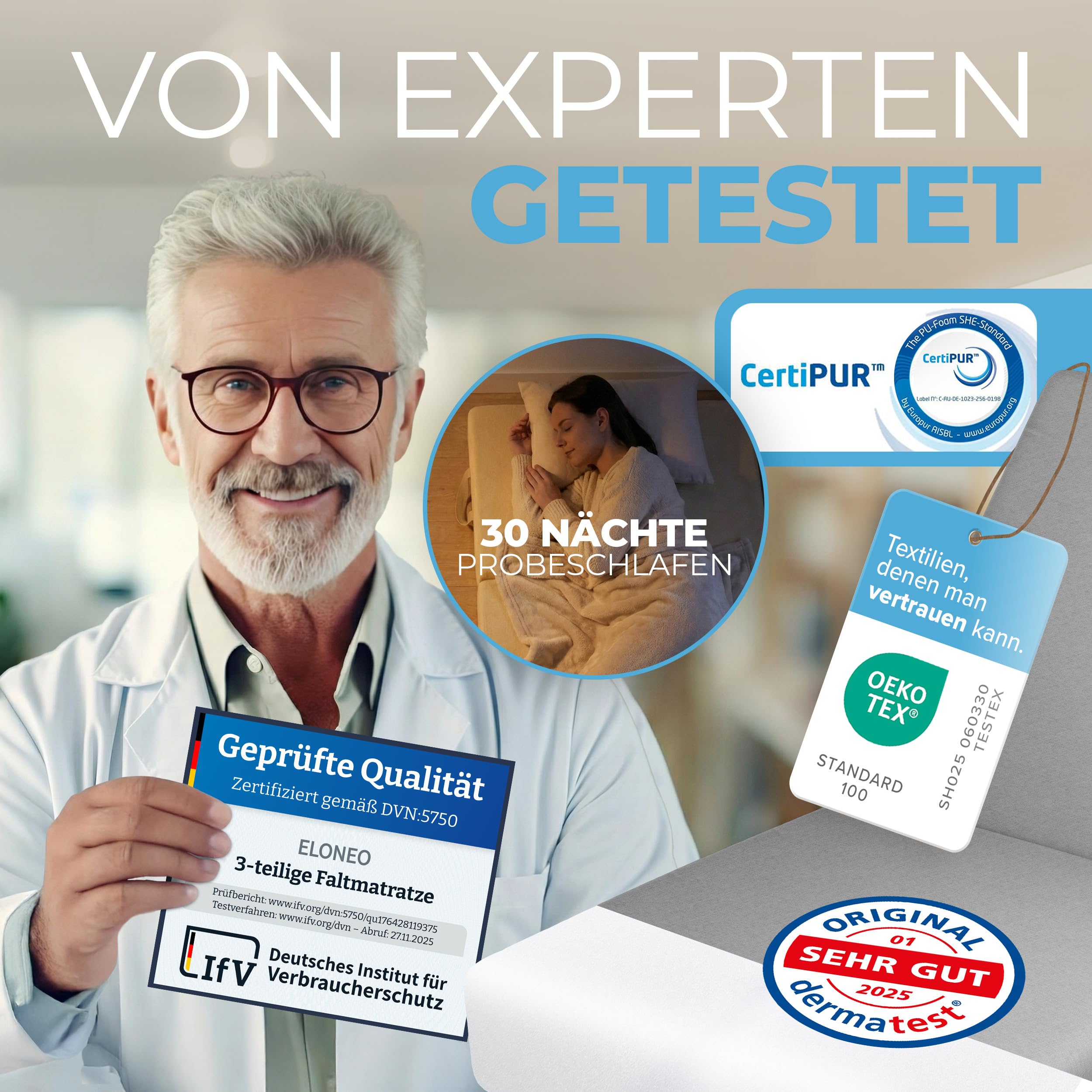 ELONEO Klappmatratze, Gästematratze, 3-teilige Faltmatratze, Schaumstoff extra dick (15cm), waschbar, Bandscheibenwürfel, klappbar, Faltbare Matratze, Erwachsene (Grau, 75 x 195 x 15 cm)