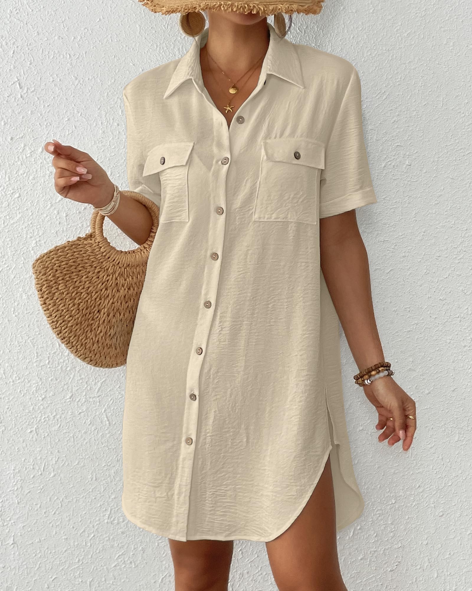 Bsubseach Mujer Vestido Corto Camisero de Playa Traje de Baño Cover Ups Túnica Cubre Bikini de Verano Ropa de Playa Color Sólido