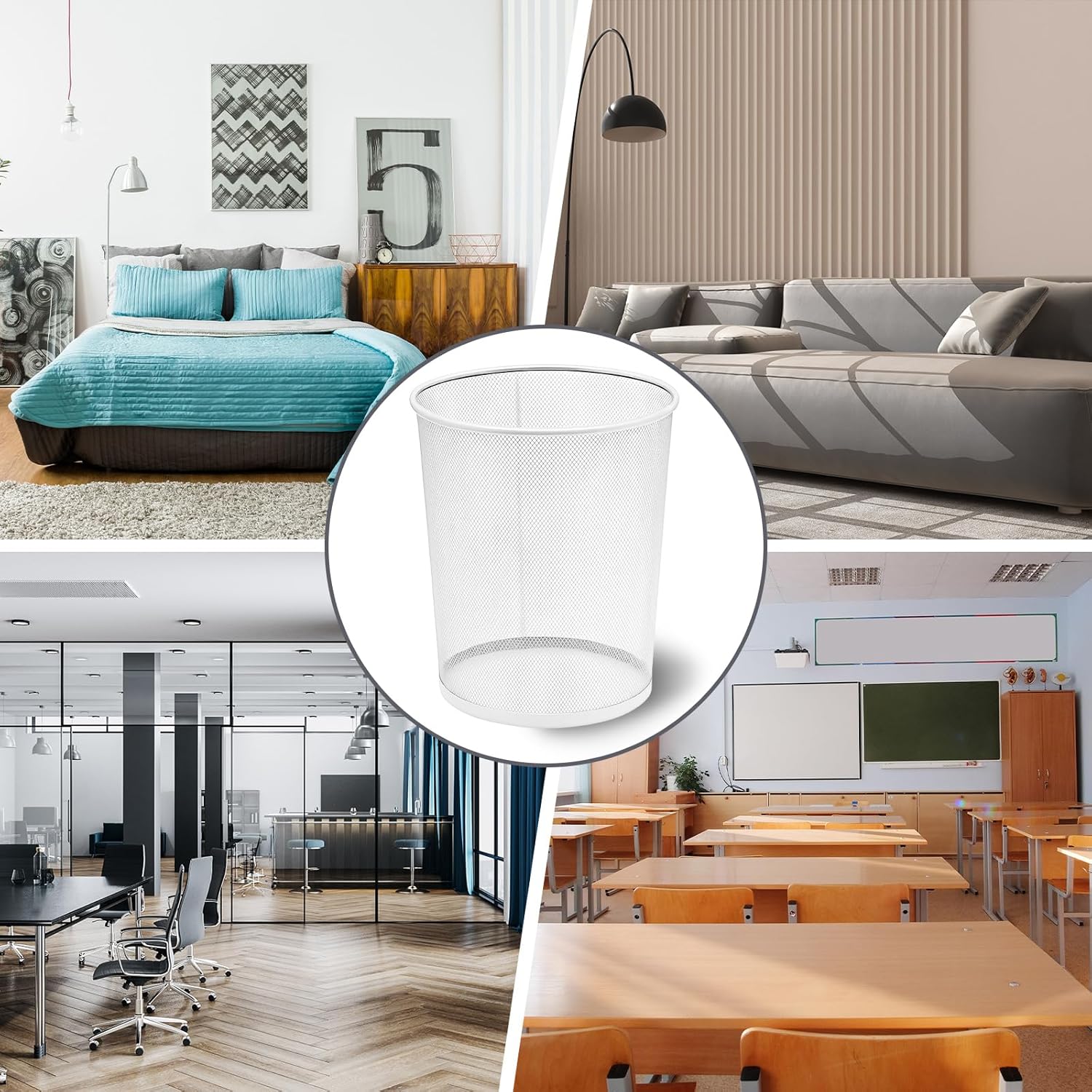 Zeyune 6 Pack White Office Trash Can Bulk Mesh Trash Can 6 Gallon Metal Wire Mesh Waste Paper Basket Round Small Garbage Bin for Office Bathroom Home Bedroom Kitchen Dorm