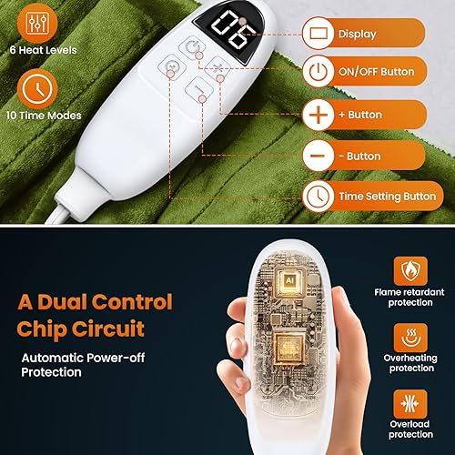 Miniatura 3 de Manta térmica eléctrica tamaño individual  Manta eléctrica de franela suave, lavable a máquina, manta de calefacción rápida con 10 ajustes de