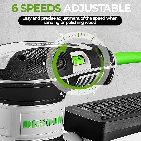 DESOON Random Orbit Sander 300W with 20Pcs Sandpapers, 6 Variable Speed 14000RPM, 125mm Sander with Brake System and Dust Extraction for Sanding, Polishing Wood, DIY, Home