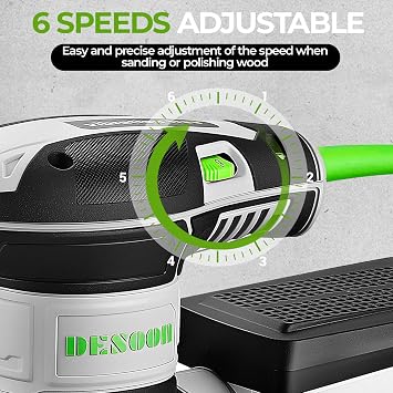 DESOON Random Orbit Sander 300W with 20Pcs Sandpapers, 6 Variable Speed 14000RPM, 125mm Sander with Brake System and Dust Extraction for Sanding, Polishing Wood, DIY, Home