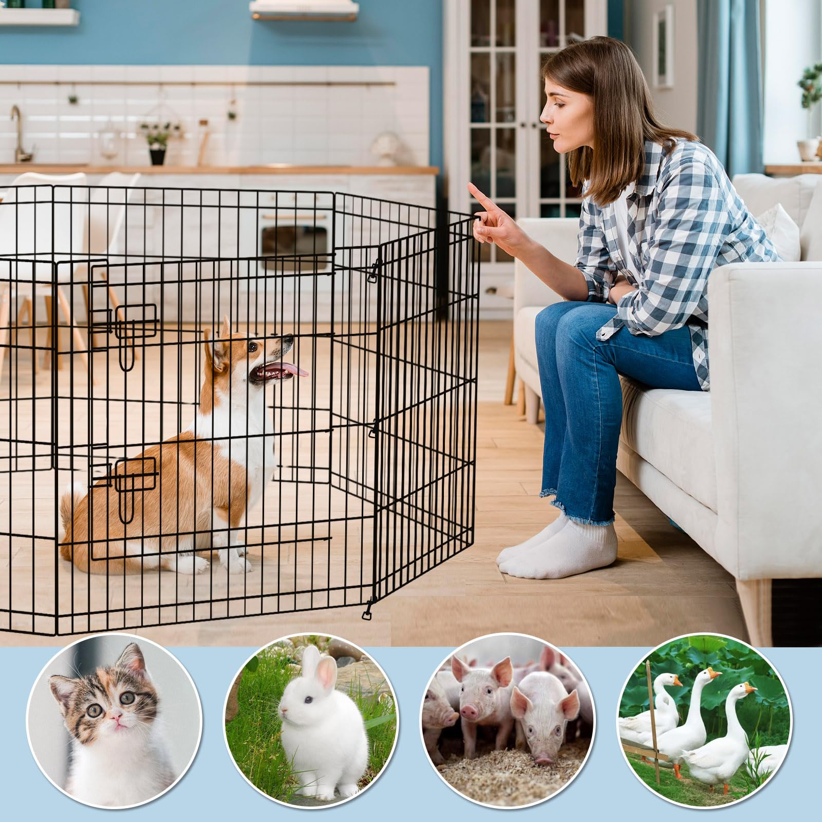 Recinzione pieghevole in filo metallico per cani e animali domestici, per interni ed esterni, con cuscinetto inferiore e copertura superiore (nero 24 copertura superiore inferiore)