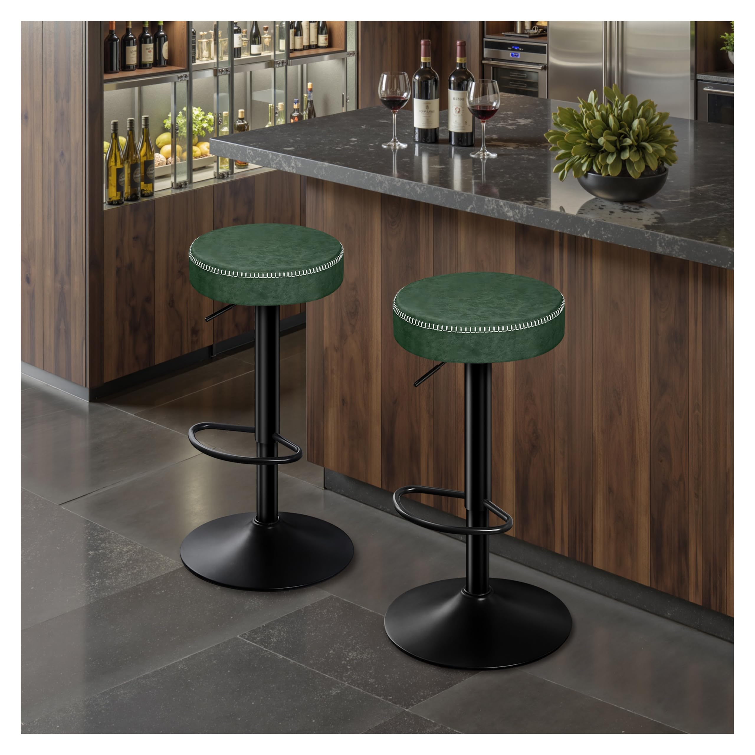 Set of 2 Kitchen Stools, Adjustable Height Bar Stools High Stool Microfiber Leather, Bar Stool with Footrest, Kitchen Stools 150 kg for Dining Room, Counter - Green