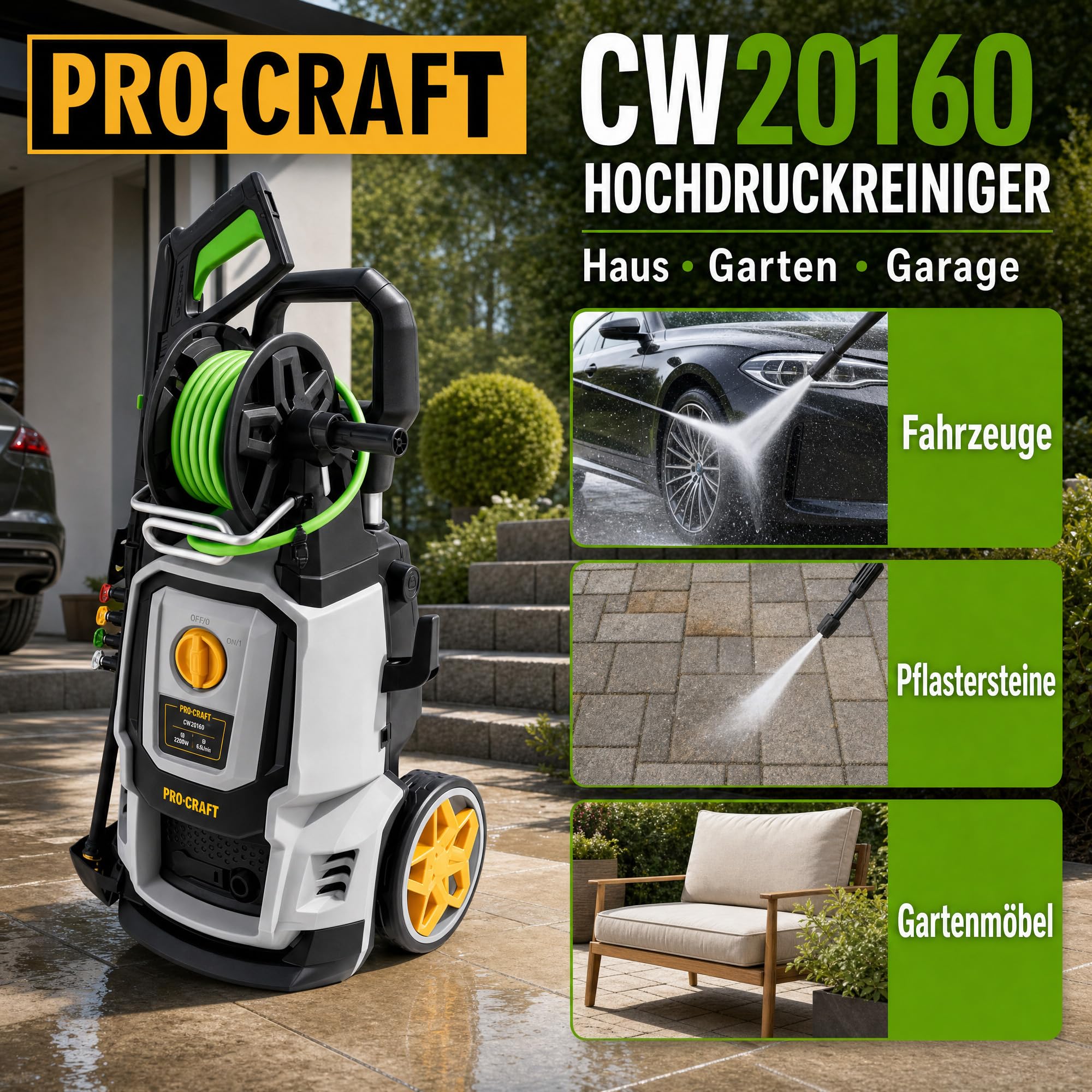 Procraft CW2.0/160 - Hidrolimpiadora de agua fría (2000 W, 160 bar, 7,5 l/min, incluye accesorios)
