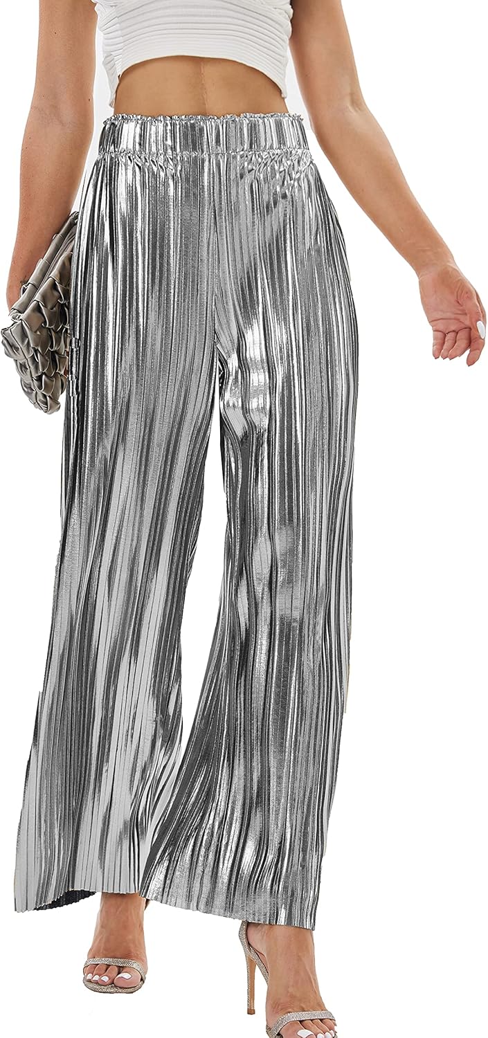 heipeiwa Women's Shiny Pleated Wide Leg Pants Party Nightout High Waist Trouser Folded Lightweight Outfit Clubwear