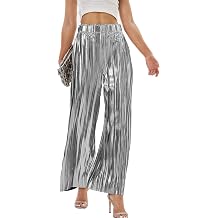 heipeiwa Womens Shiny Pleated Wide Leg Pants Party Nightout High Waist Trouser Folded Lightweight Outfit Clubwear