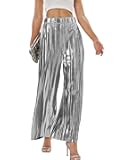 heipeiwa Women's Shiny Pleated Wide Leg Pants Party Nightout High Waist Trouser Folded Lightweight Outfit Clubwear
