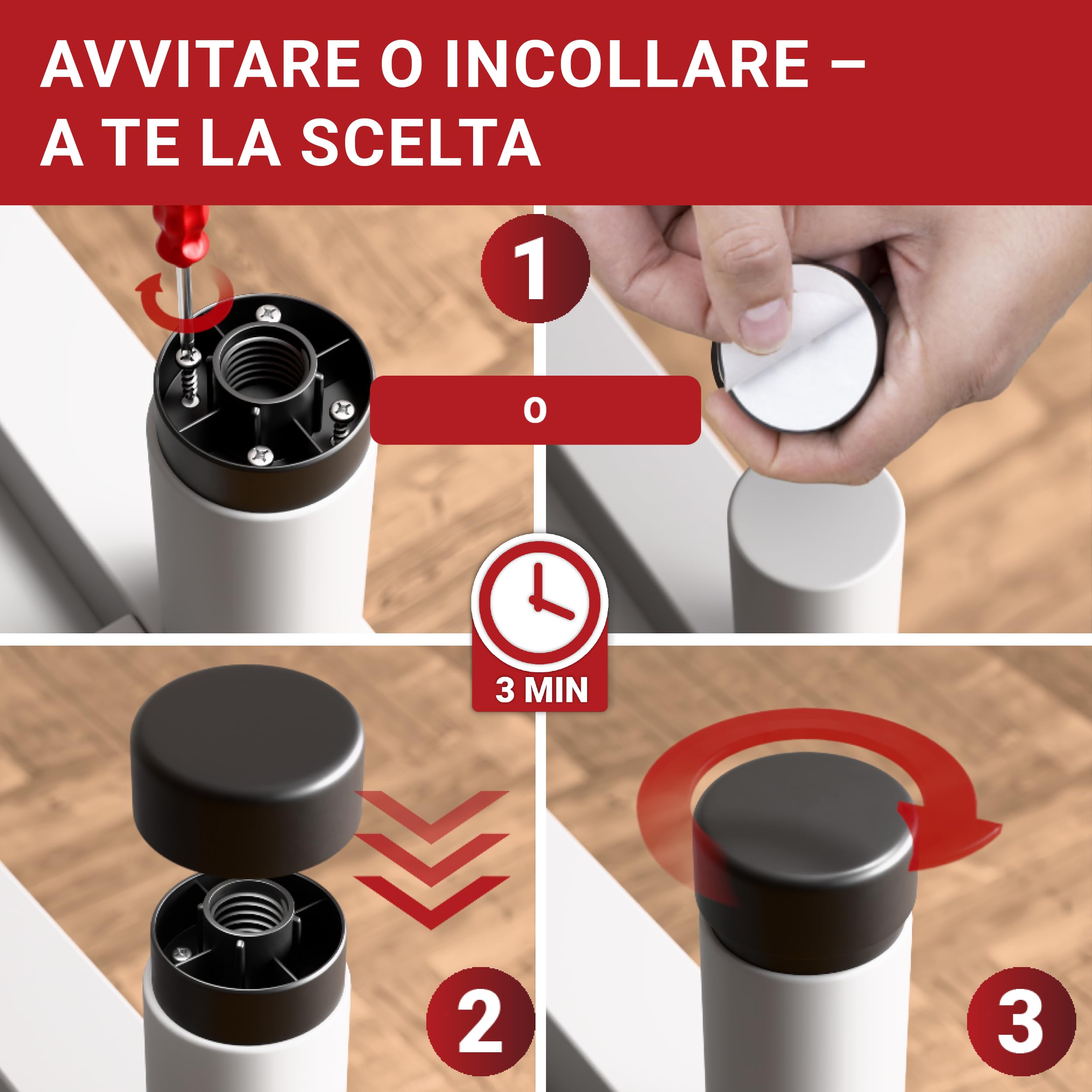 LouMaxx Piedini per Mobili Adesivi Regolabili Ø 53,5 mm – Piedini Mobili Neri Altezza Regolabile – Rialzi per Mobili con Materiale di Montaggio – Set da 4