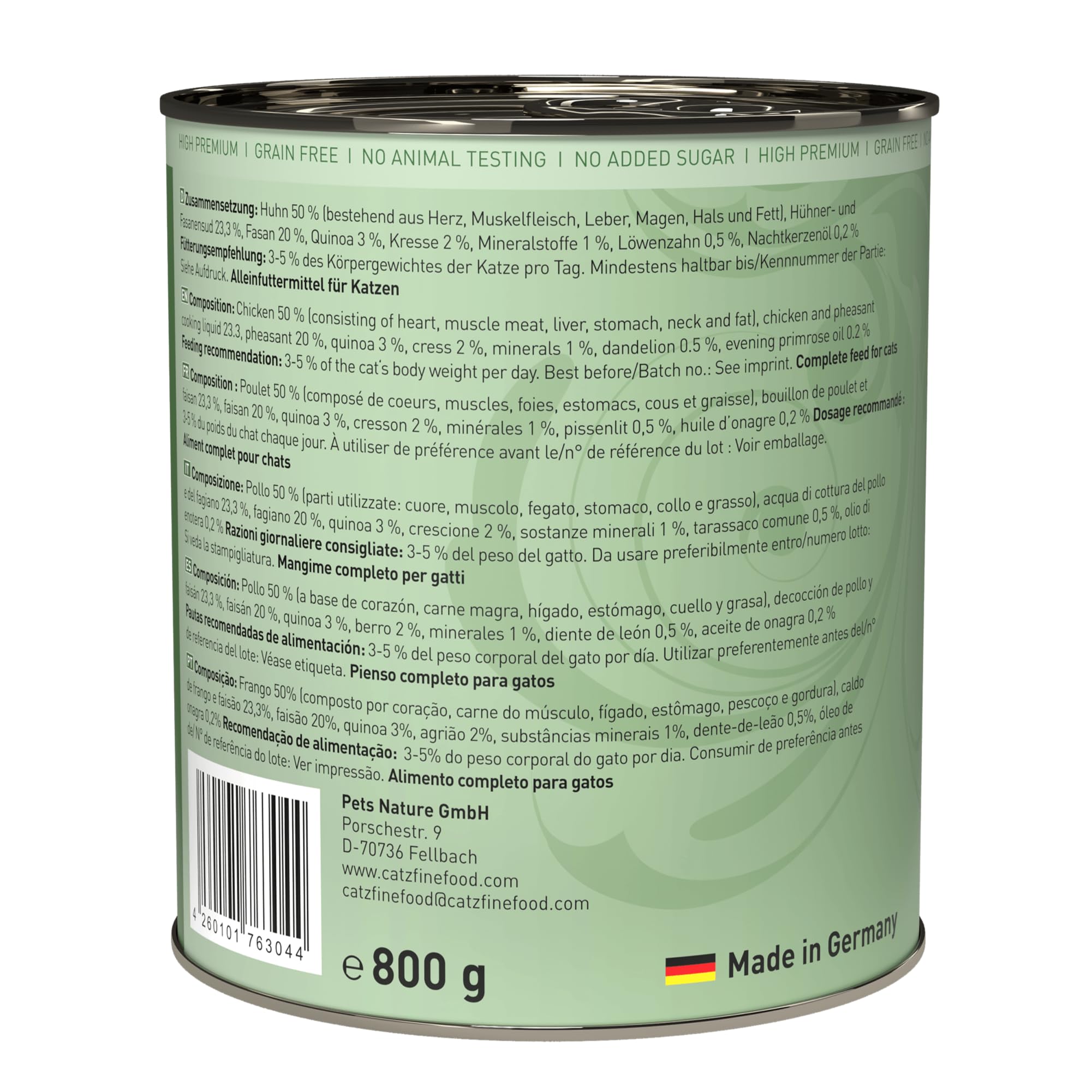 catz finefood Classic N° 15 mokra karma dla kurczaków i bażantów - Gourmet mokra karma dla Twojego kota bez cukru i zbóż, bezglutenowa – z dużą zawartością mięsa, Made in Germany (6 x 800 g puszek)