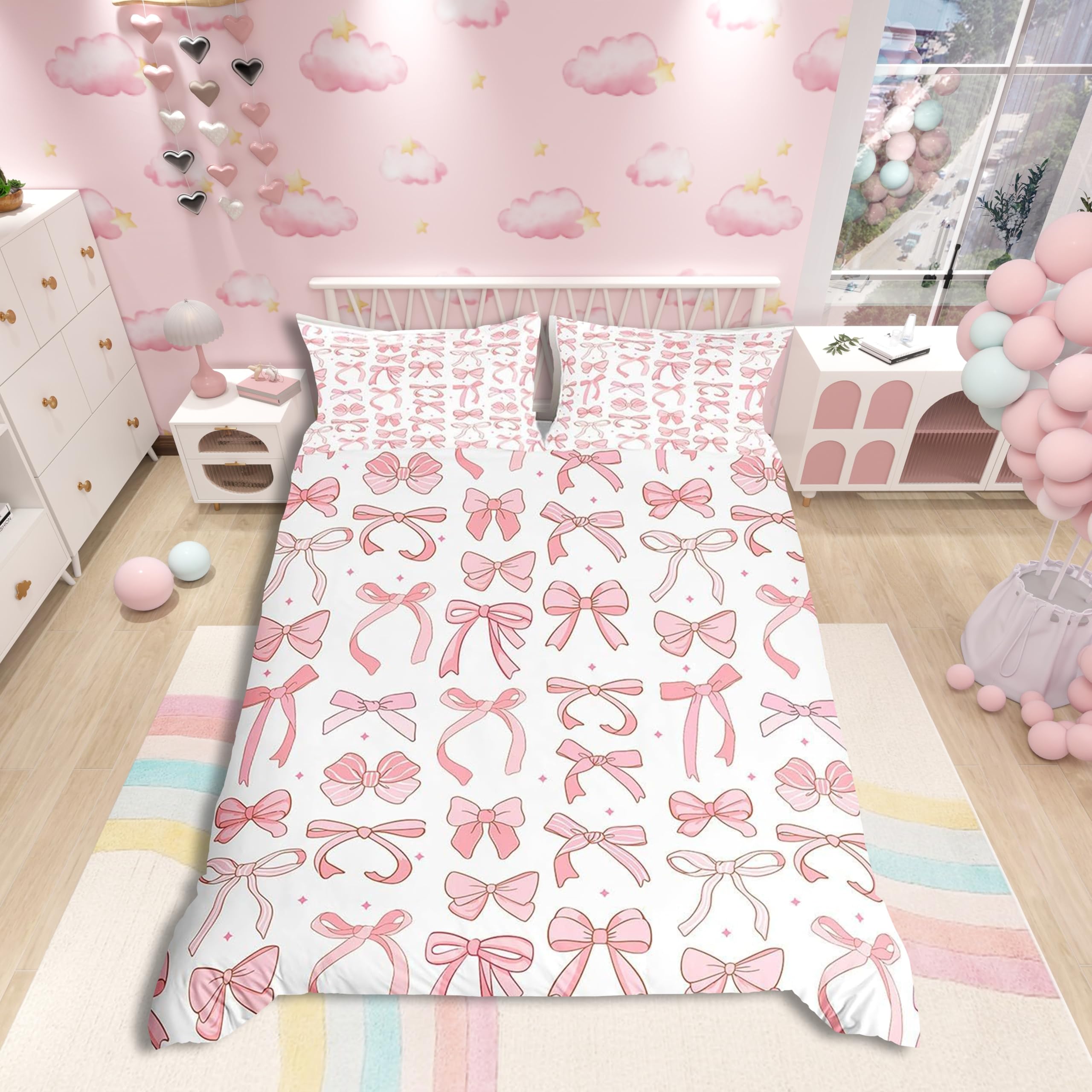 Pink Bow Duvet Cover Double Size,Princess Ribbon Bow Dreamy Girly Bow-tie Bedding Set 3 Pcs for Kids Teens,Fairy Tale Romantic Starry Comforter Cover(No Filler),Pink White Quilt Cover