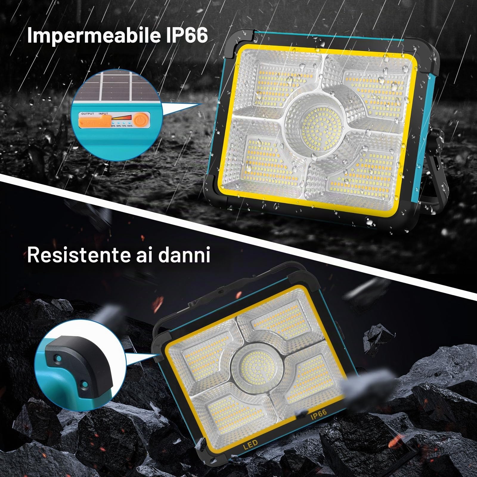 ERAY 100W Faro LED Ricaricabile Batteria da 12000mAh | 5 Modalità, 480 Perle LED, Pannello Solare, Faretto LED da Cantiere per Emergenza, Campeggio, Riparazione, Garage, Esterni