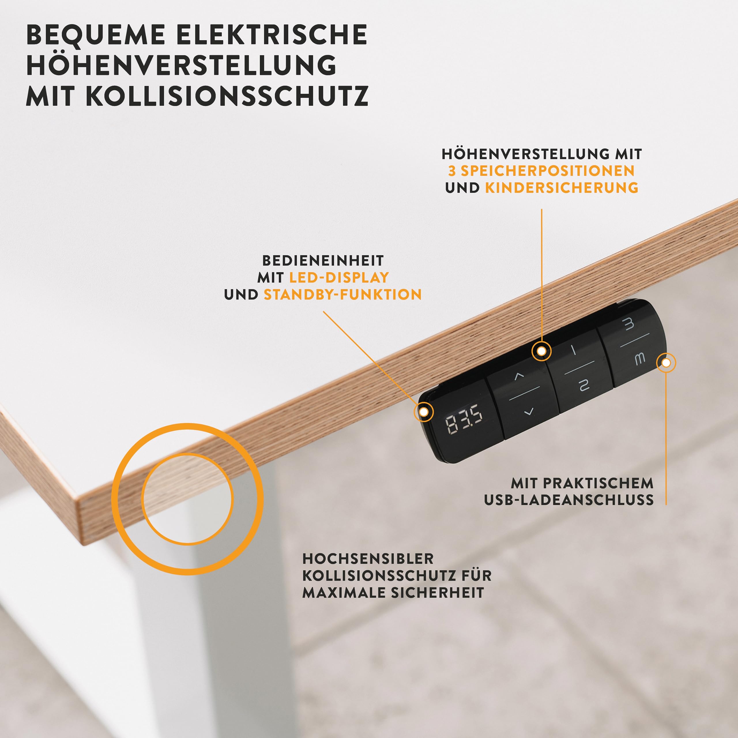 boho office® Höhenverstellbarer Schreibtisch Gestell - Elektrisch stufenlos, Eckschreibtisch mit 3 Motoren 50 mm/Sek, 3-Fach Teleskop, stabil, Memoryfunktion, Kollisionsschutz - Basic Line 90 Weiß