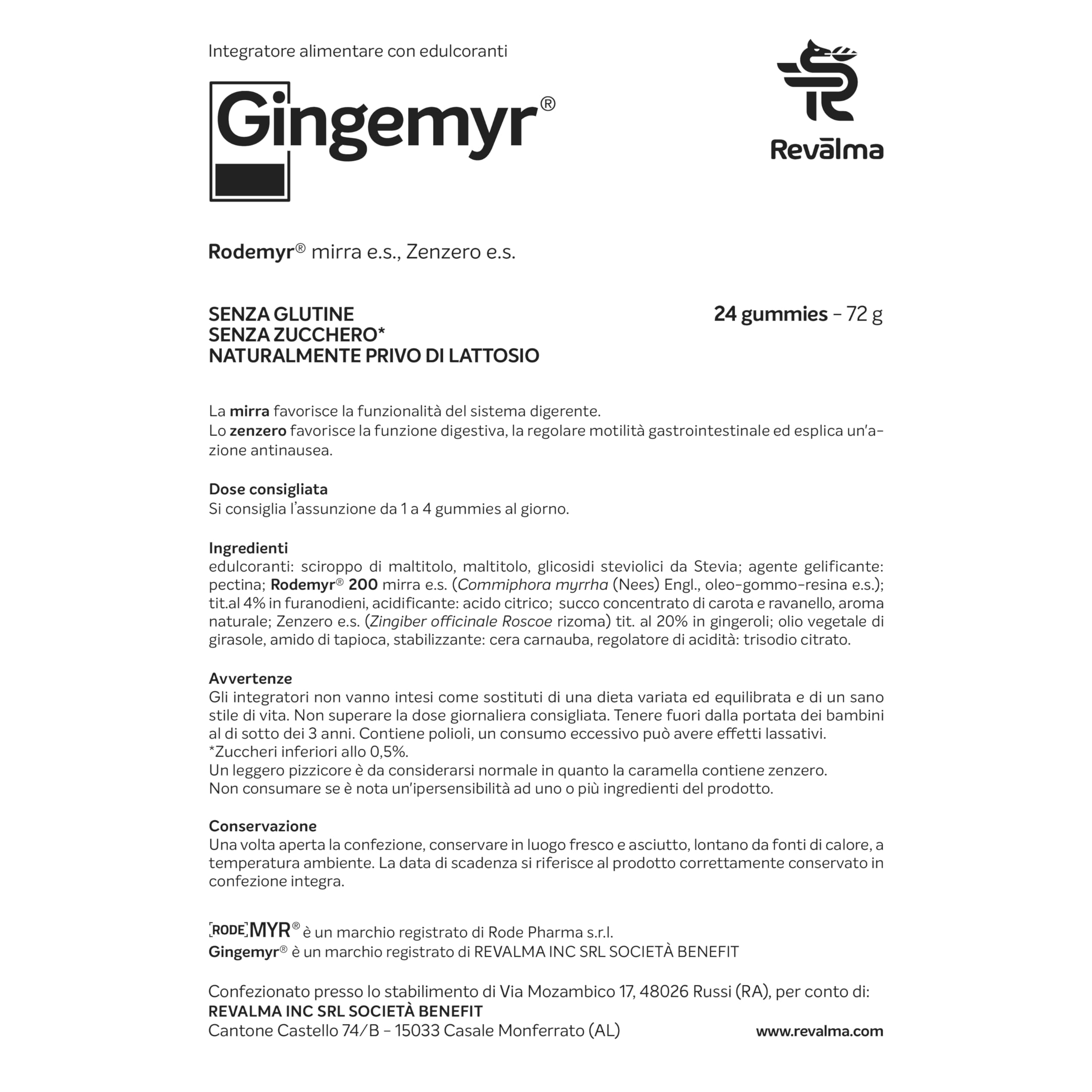 Revalma Gingemyr 24 Gummies - Integratore Alimentare a Base di RodeMyr e Zenzero - Funzione Digestiva ed Azione Antinausea - Senza Glutine