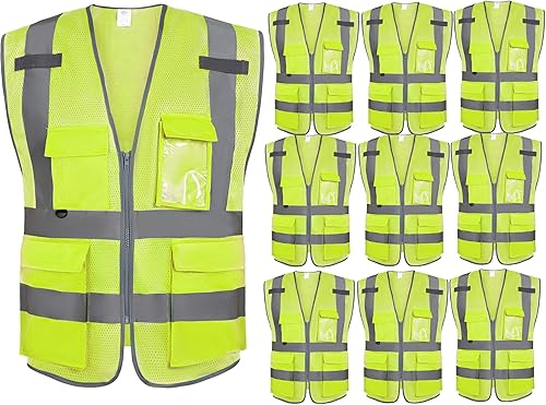 Miniatura 1 de Chaleco de seguridad de malla de alta visibilidad con múltiples bolsillos y cremallera, apto para hombres y mujeres, trabajo, construcción,