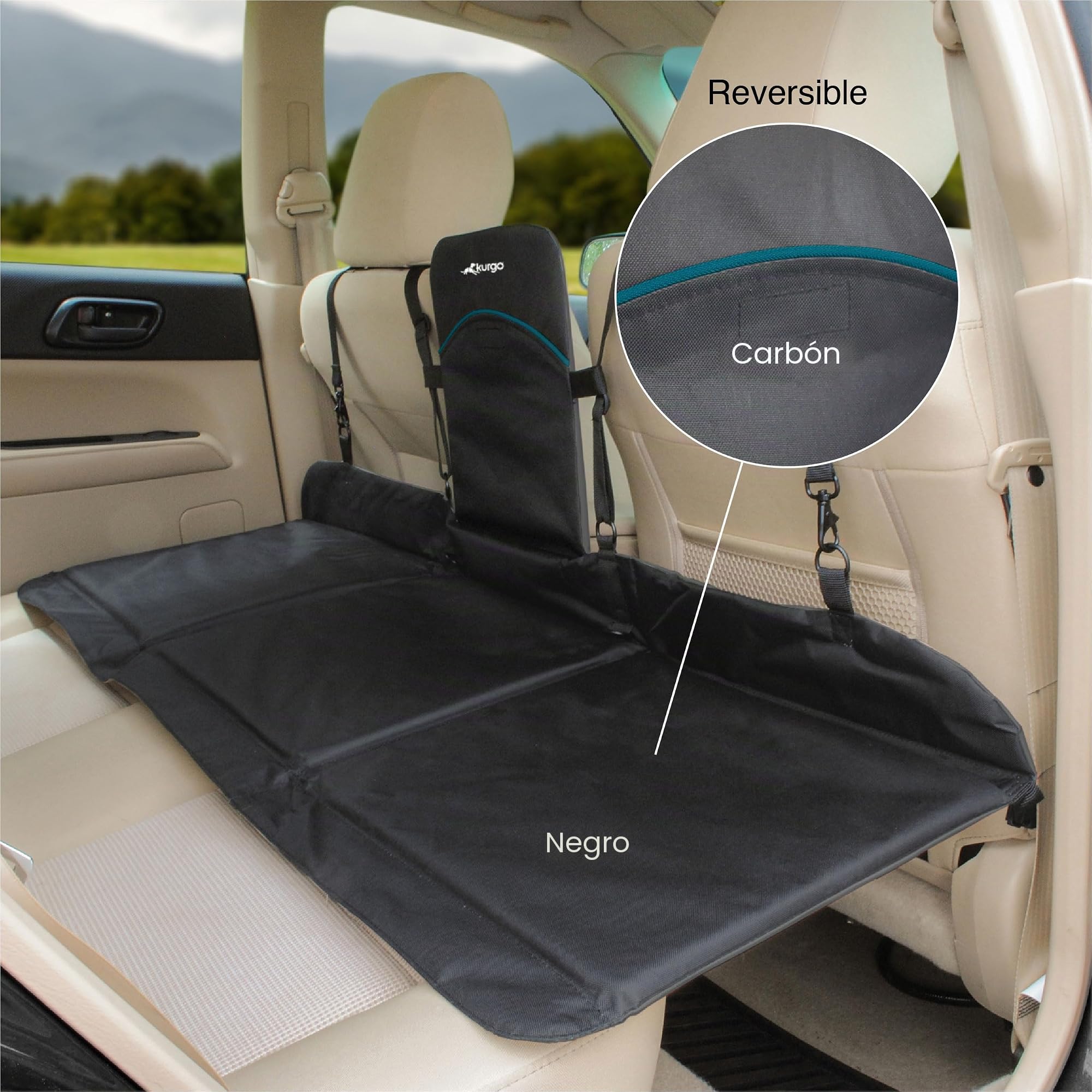 Kurgo Rover - Separador de Asientos para Coche, Valla de Coche para Perros, Extensión del Asiento Trasero para Coche, Plataforma Trasera para Perros, Impermeable y Reversible - Negro/Gris