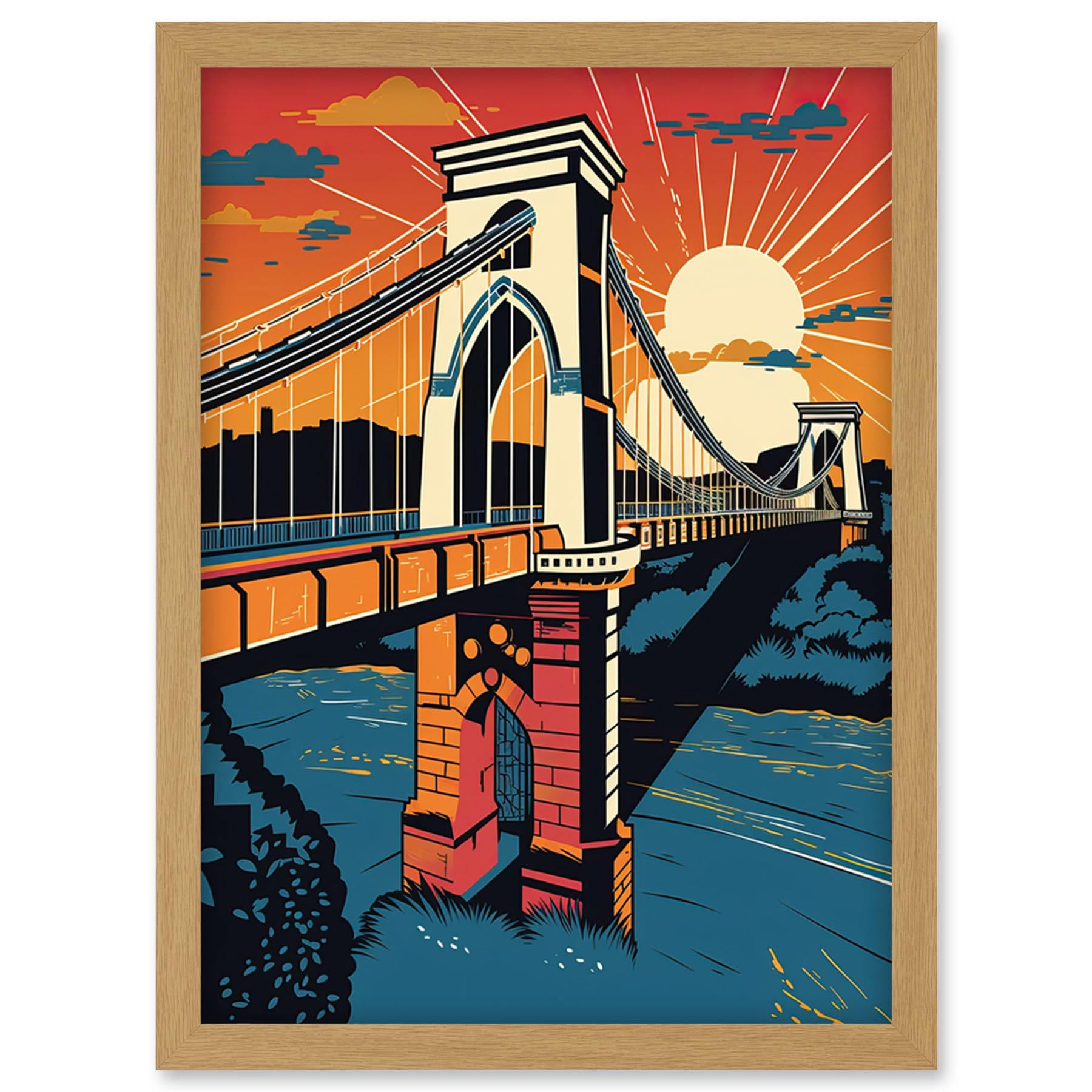 Clifton Suspension Bridge Sunset Print - Modern Pop Art Artwork - Framed Wall Art - A4 Size - Light Oak Frame