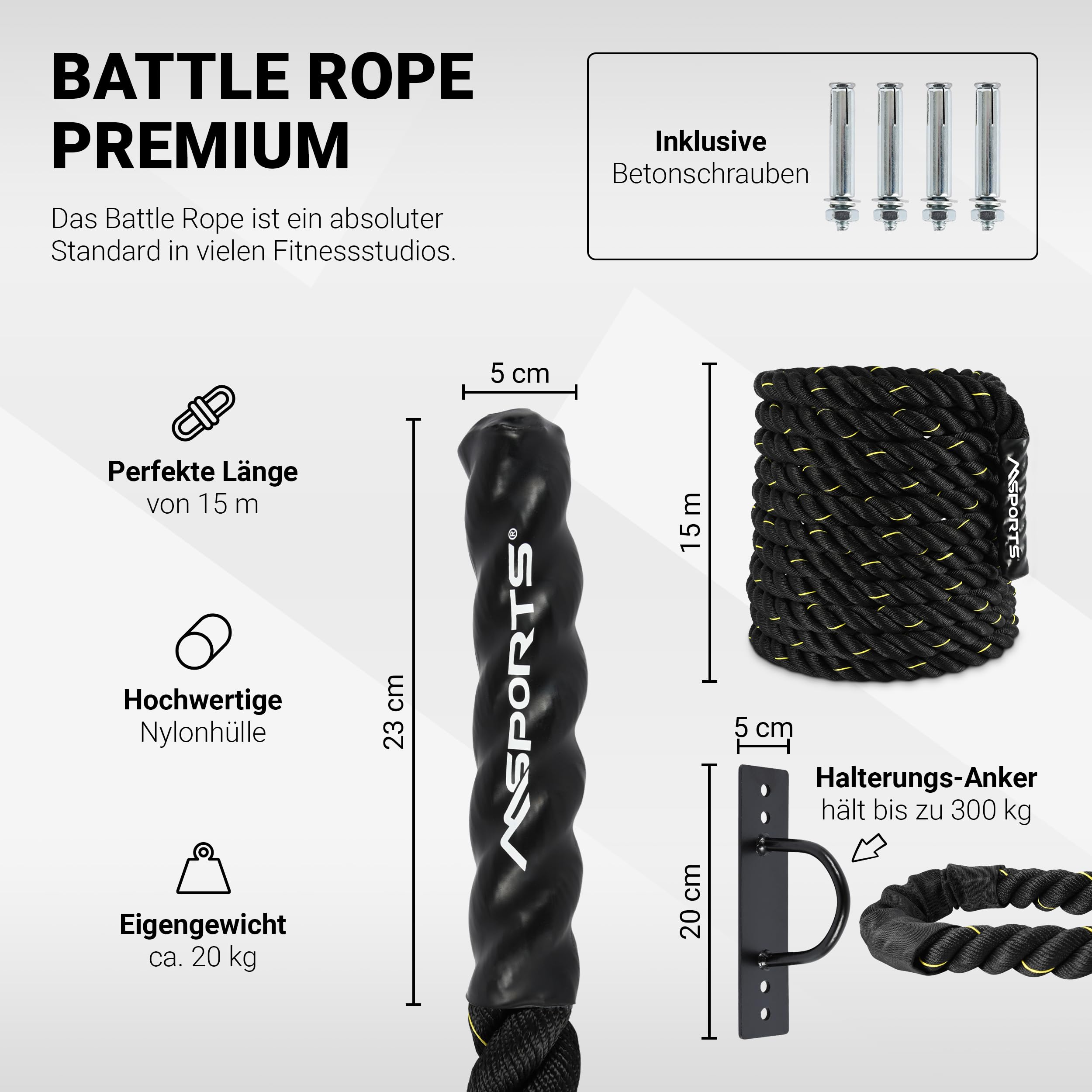 MSPORTS Battle Rope Professional Studio Qualität | Länge: 15 m | Durchmesser: 5 cm | Trainingsseil Sportseil Schlagseil Fitness Tau Schlangenseil Schwungseil