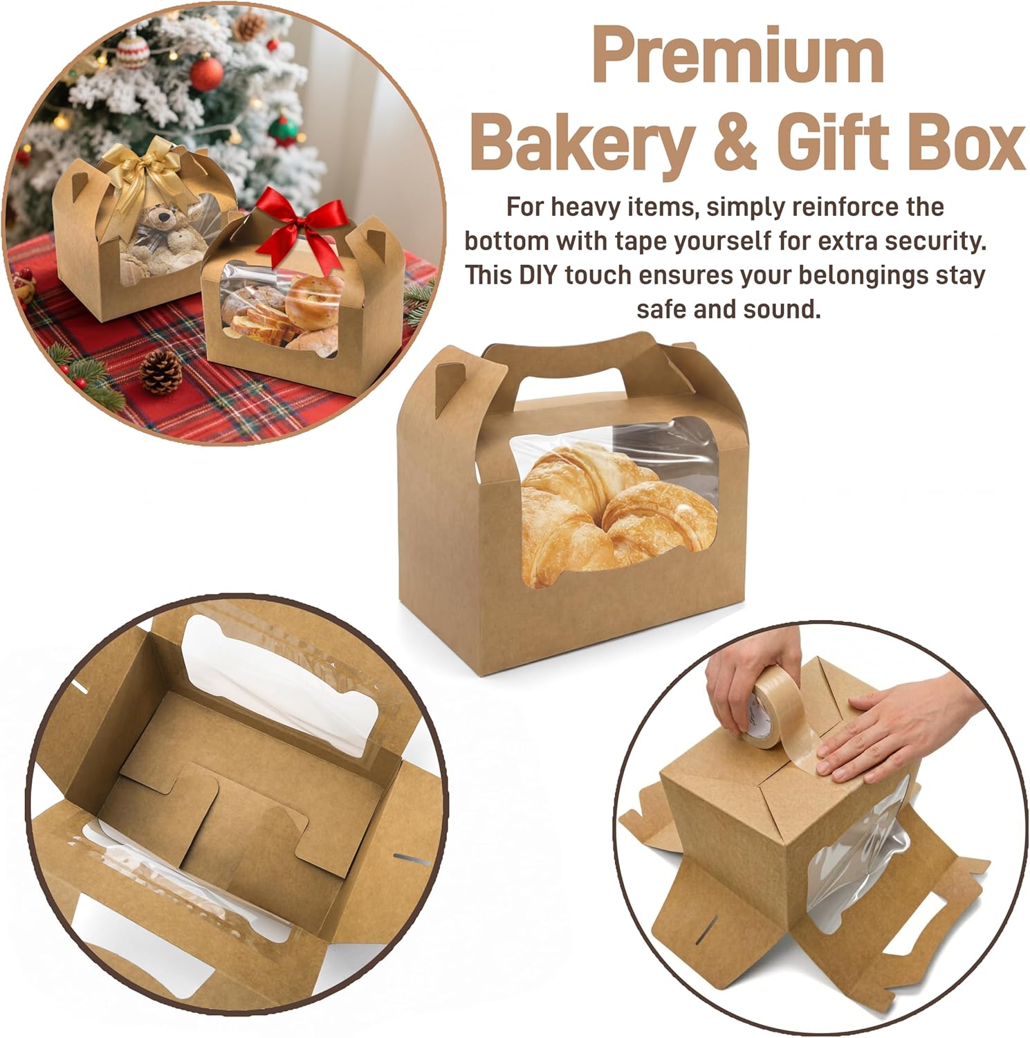 50 Pack Large Gable Box with Window, 9"x6"x6" Kraft Paper Party Favor Treat Box, Goodie Gift Boxes with Handle, Lunch Togo Boxes for Christmas Birthday Wedding Picnic Bakery Catering