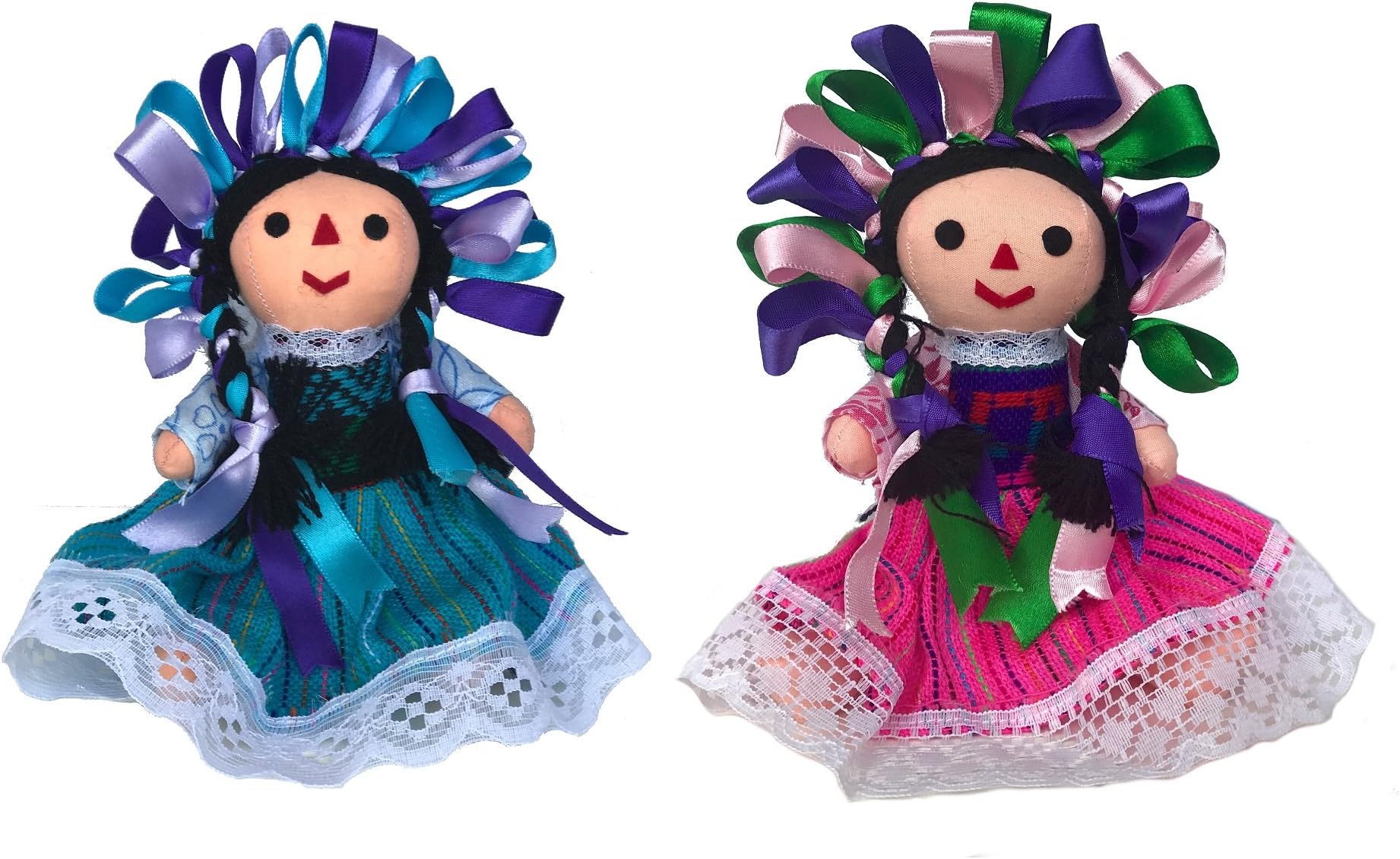ALKIMIA INC Mexican Handmade Traditional Rag Dolls 2 Pack - 7 inches - Pink & Blue