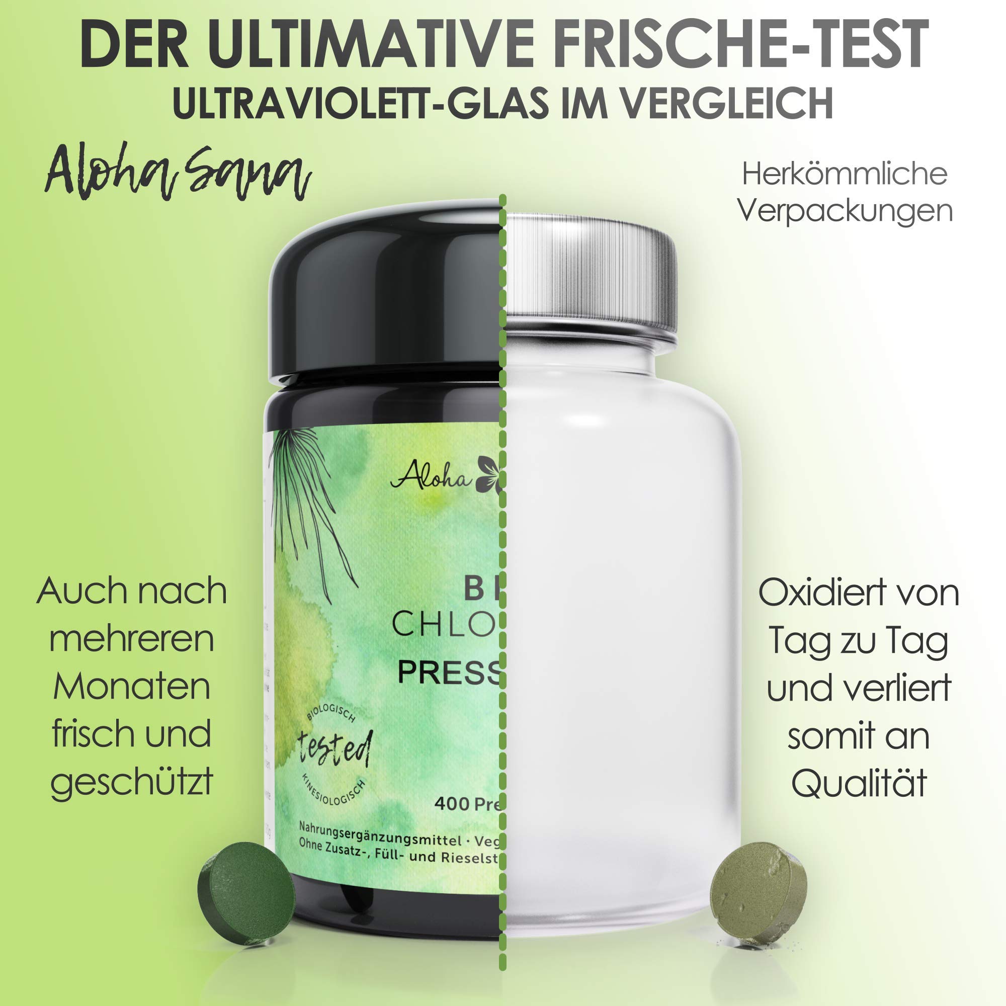 Aloha Sana | Chlorella BIO Presslinge im Ultraviolettglas | 400 Chlorella Tabletten á 400mg | Laborgeprüfte und energetisch getestete Bio Algen | Vegan und ohne Zusatzstoffe