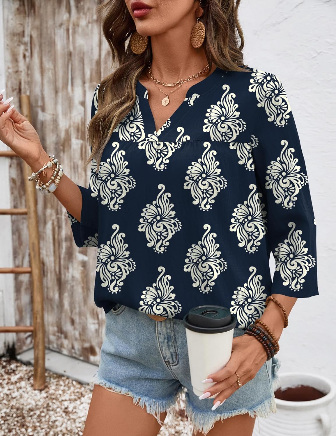 Rapbin Womens 3/4 Sleeve V Neck Floral Print Pleated Blouses for Women Dressy Casual Loose Fit Tops - Image 7