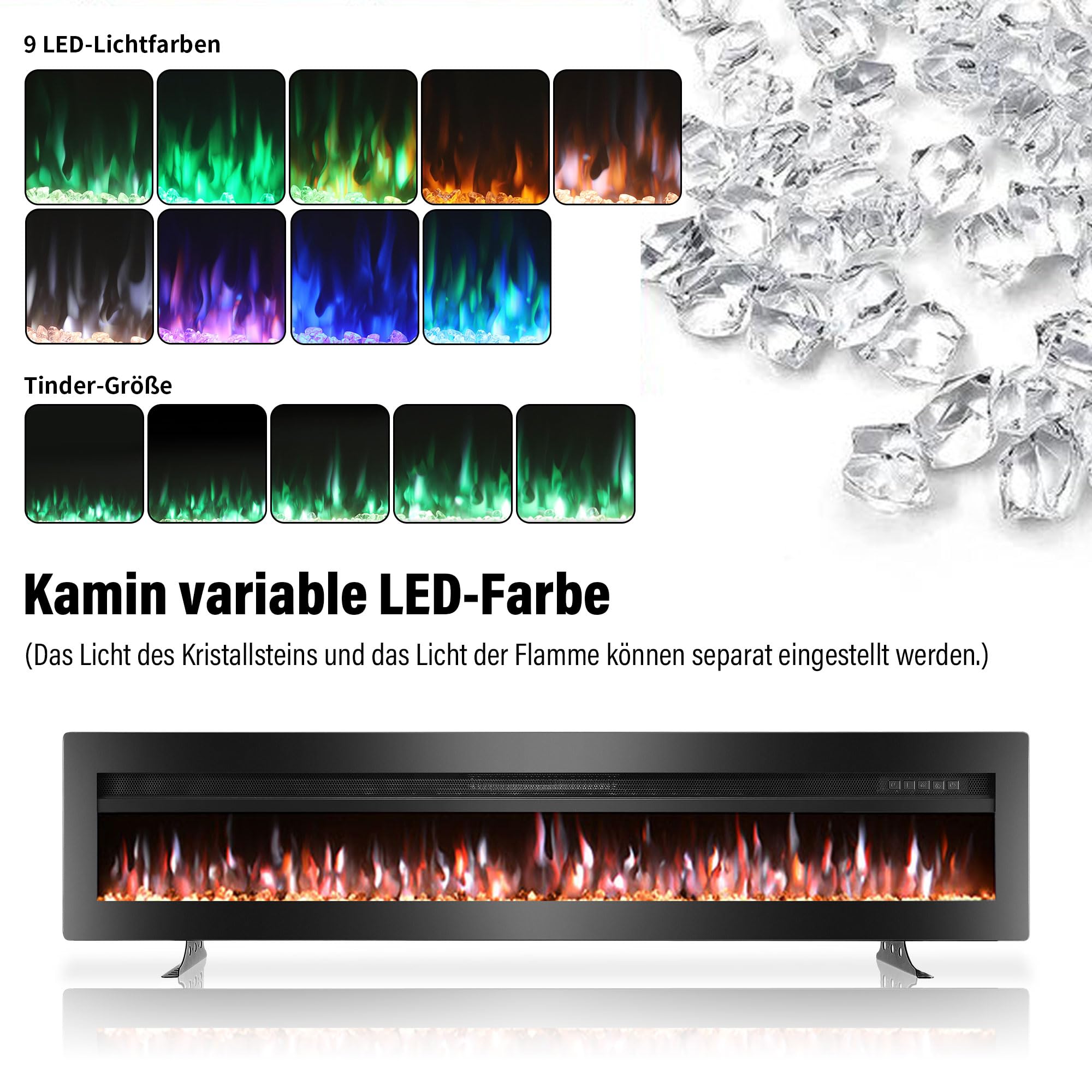 Elektrischer Kamin, an der Wand montiert/vertieft/frei stehend 40 Zoll Raumheizung mit Fernbedienung einstellbare Flammen Farben Touch Screen Energieeinsparung