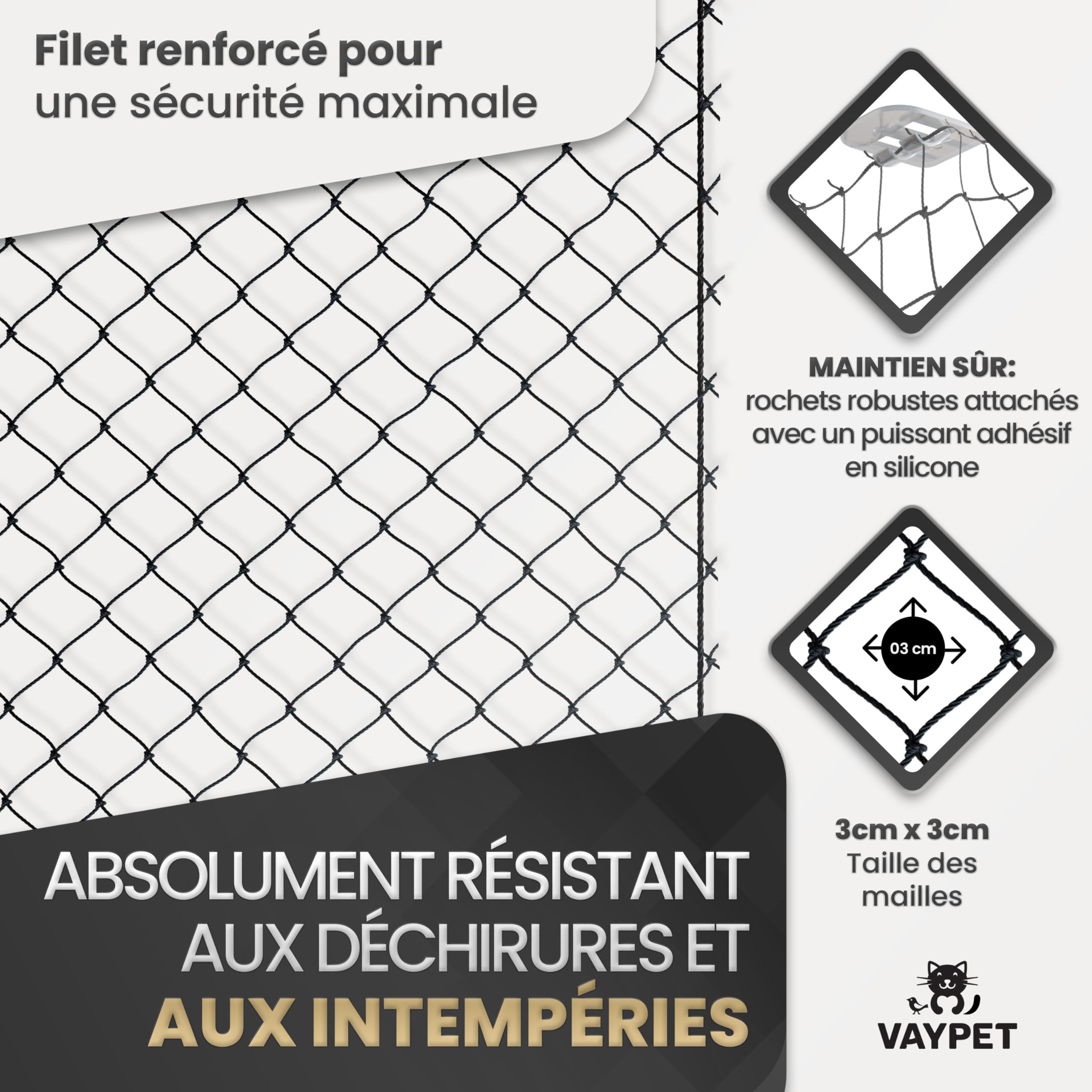 VAYPET® Filet Chat Balcon sans Perçage [4x3m] - Filet Balcon renforcé | Crochets + Colle inclus | Filet résistant aux intempéries | Filet Protection Chat pour Balcon, Fenêtre, Terrasse