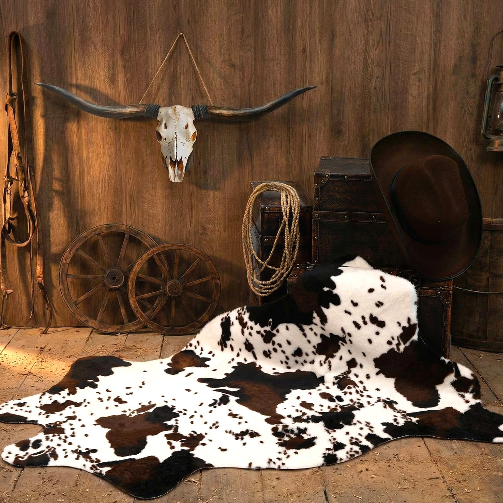 Photo 1 of Novabright 5 Pcs Western Cowboy Party Decorations Set Wooden Long Horn Cow Door Sign Imitation Cowhide Rug Wooden Wagon Wheel Thick Twine Rope for Farm Theme Birthday Party Decor
