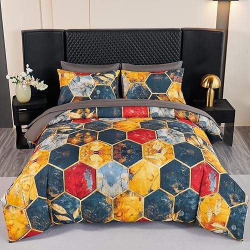 ANGIYUIN 7 Pieces Gray Gold Marble Queen Size Comforter Set Watercolor Printed Bedding Comforter Set Luxury Gold Trim Bed Set Hexagon Honeycomb Bed in A Bag with Sheets(Queen Gray Gold)