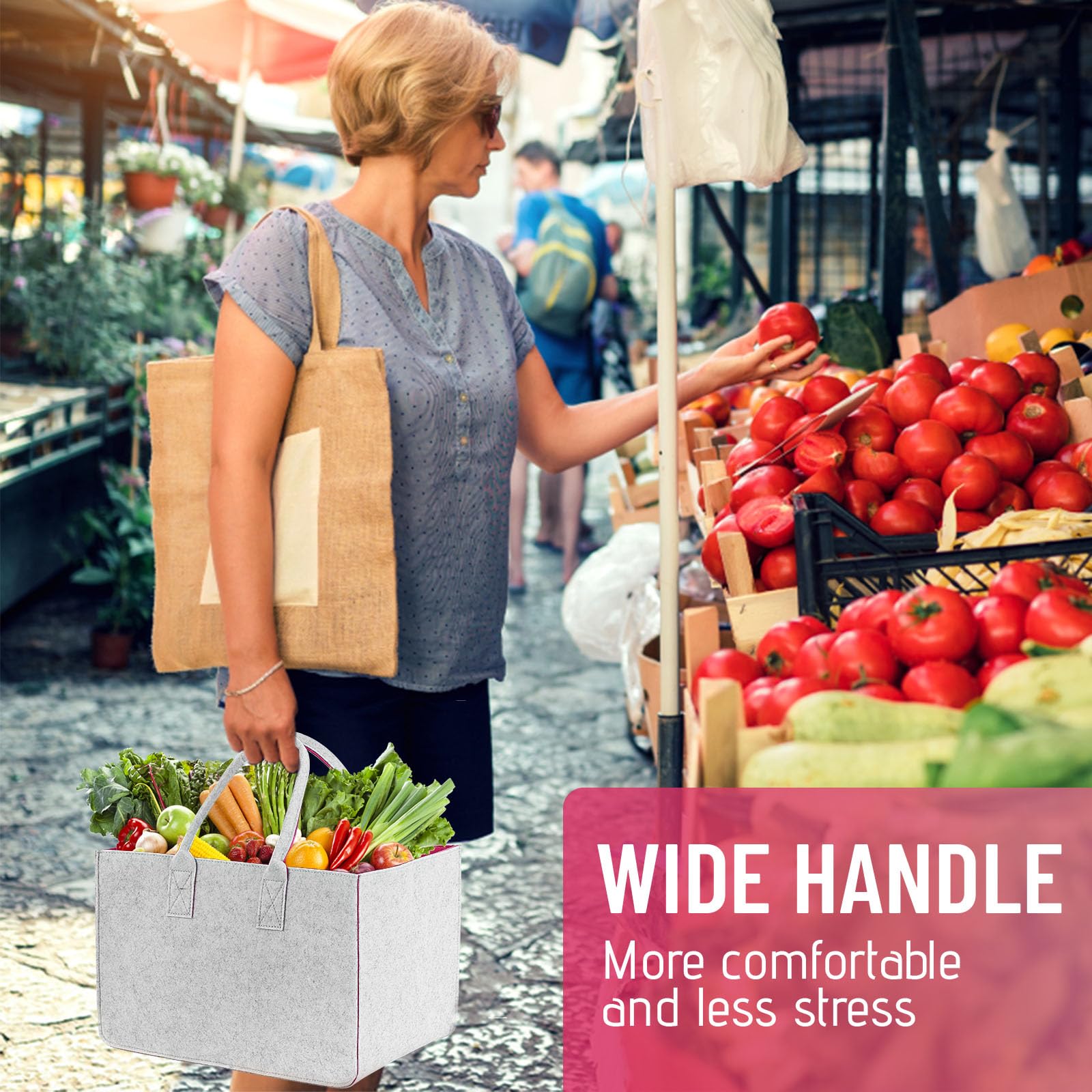 2 Pezzi Cestino per la Spesa Grande in Feltro 30L, Cesto Stabile per la Spesa 40x27x27 cm, Borsa per la Spesa Pieghevole per Supermercato, Casa e Auto, Leggera, Resistente e Riutilizzabile
