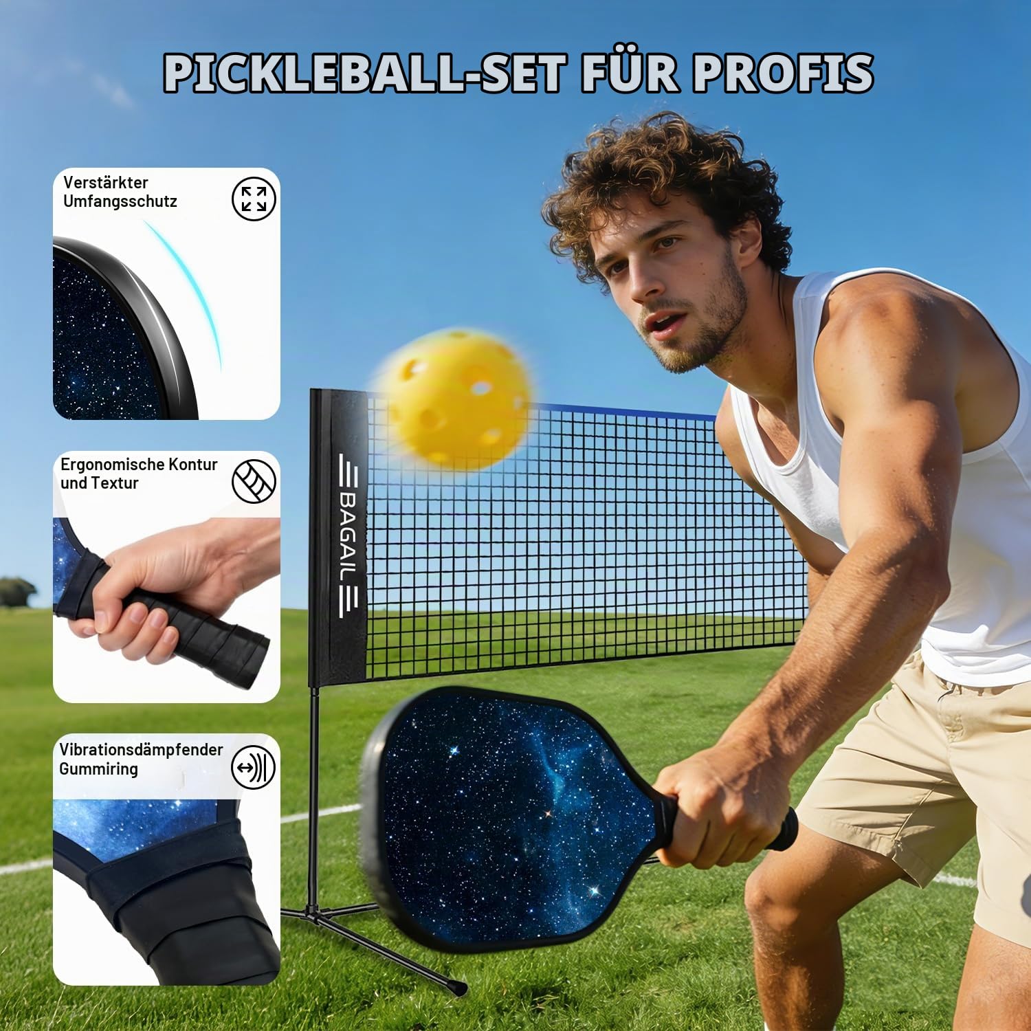 BAGAIL Sportnetz mit Pickleball- und Badminton-Sets, 3m | höhenverstellbares Netzsystem, tragbare Transporttasche, Aufbau ohne Werkzeug, ideal für Volleyball, Pickleball und Tennis