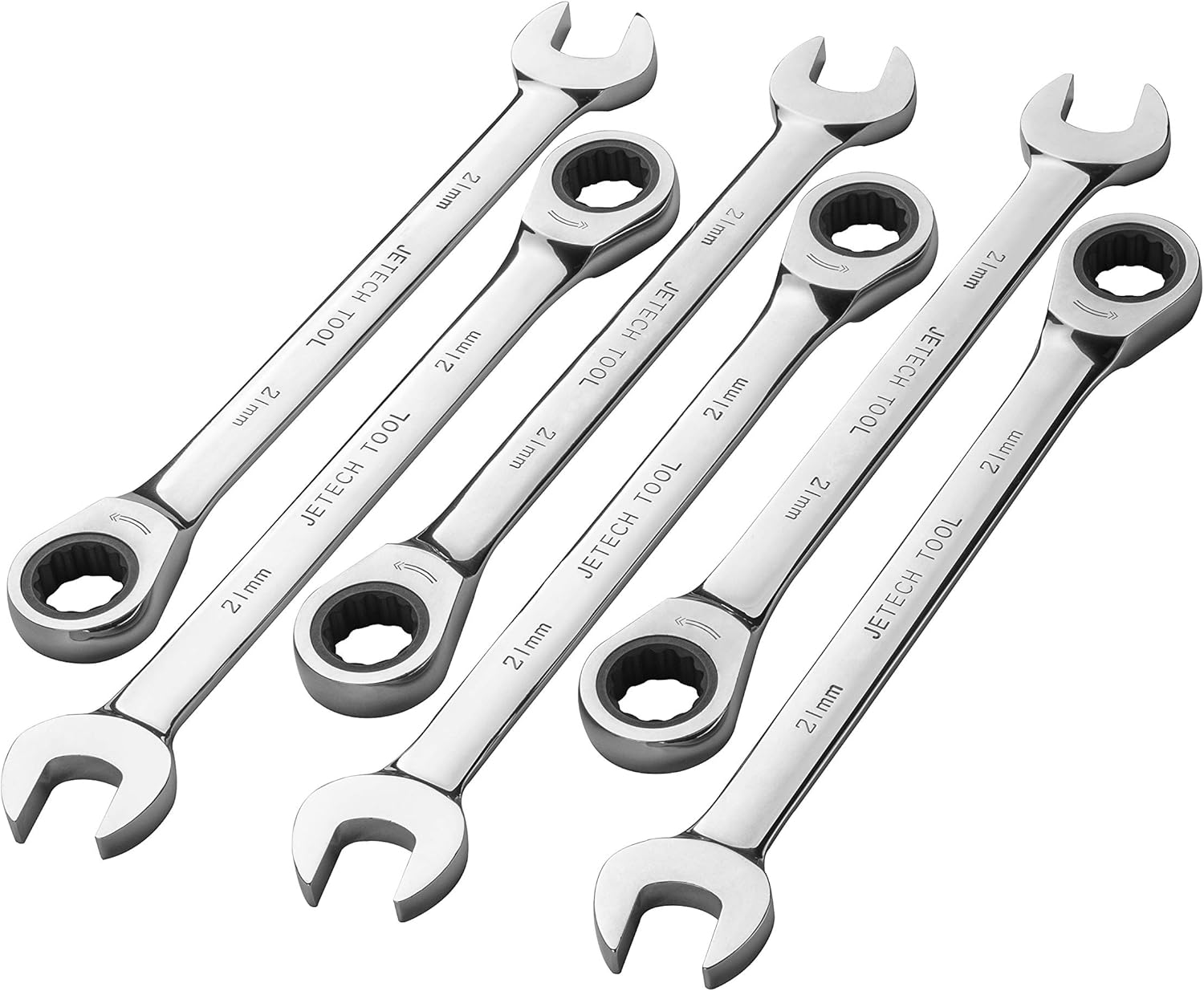 Jetech 21mm Ratcheting Combination Wrench (6 Pack), Industrial Grade Gear Spanners with 12-Point Design, 72-Tooth Ratchet, Made with Forged and Heat-Treated Cr-V Steel in Chrome Plating, Metric