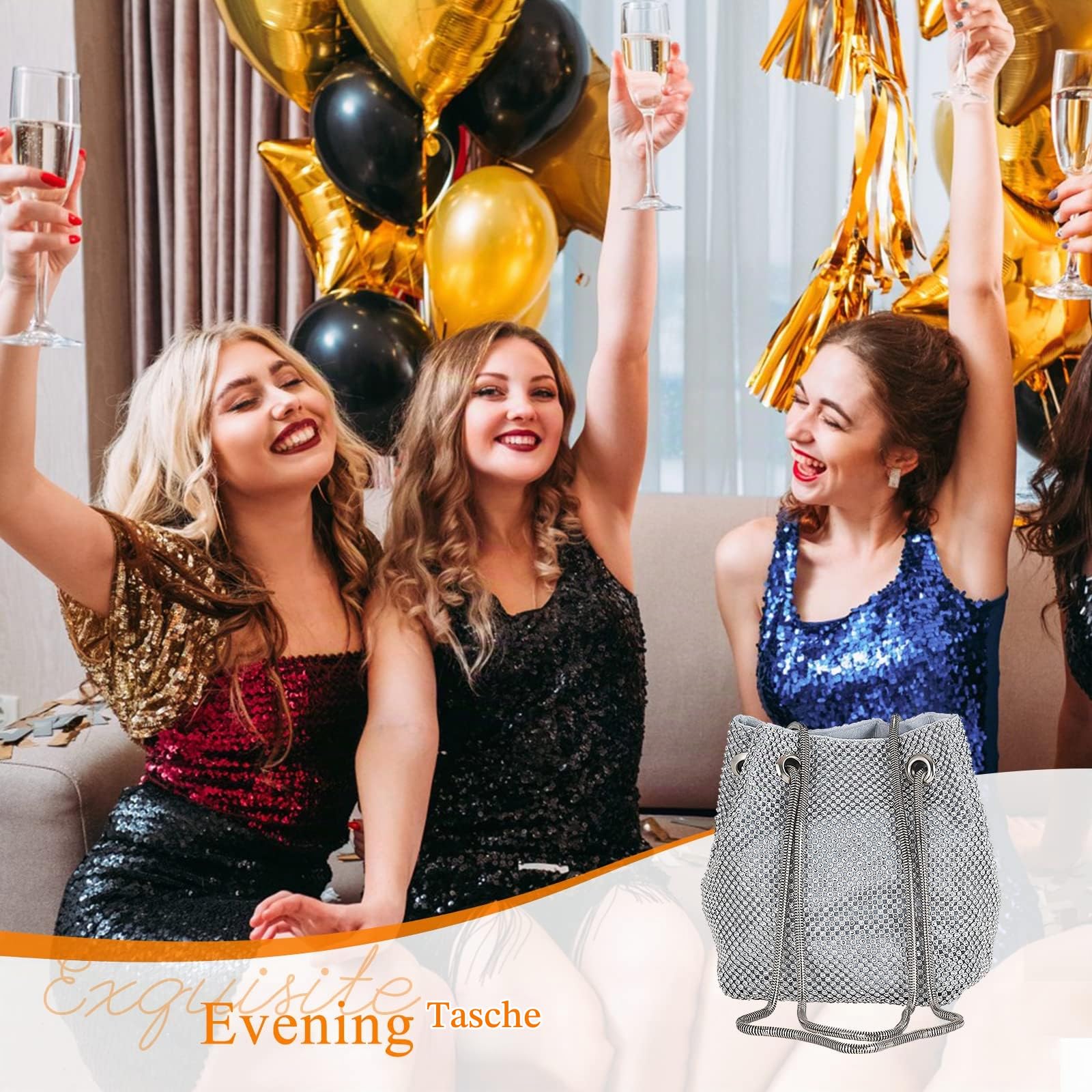 CORIOS Damen Abendtasche Shiny Strass Handtasche Strasssteine Bucket Bag Diamant Clutch Bag Glitzer Umhängetasche Klein Tasche Schultertasche für Hochzeit Bankett-Party Abschlussball Silber