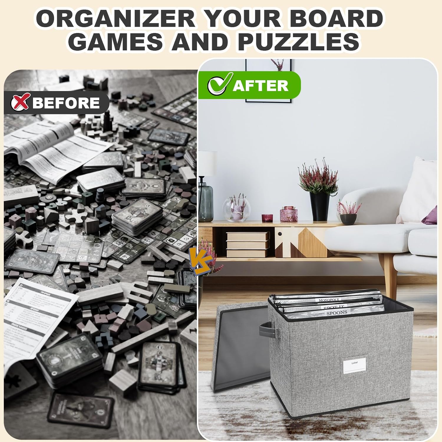 Board Game Storage Box, Board Game Organizer Box with 12pcs Zipper Bags and Writable Stickers, Game Storage Containers with Lid for Office Supplies, Puzzles, Craft Product