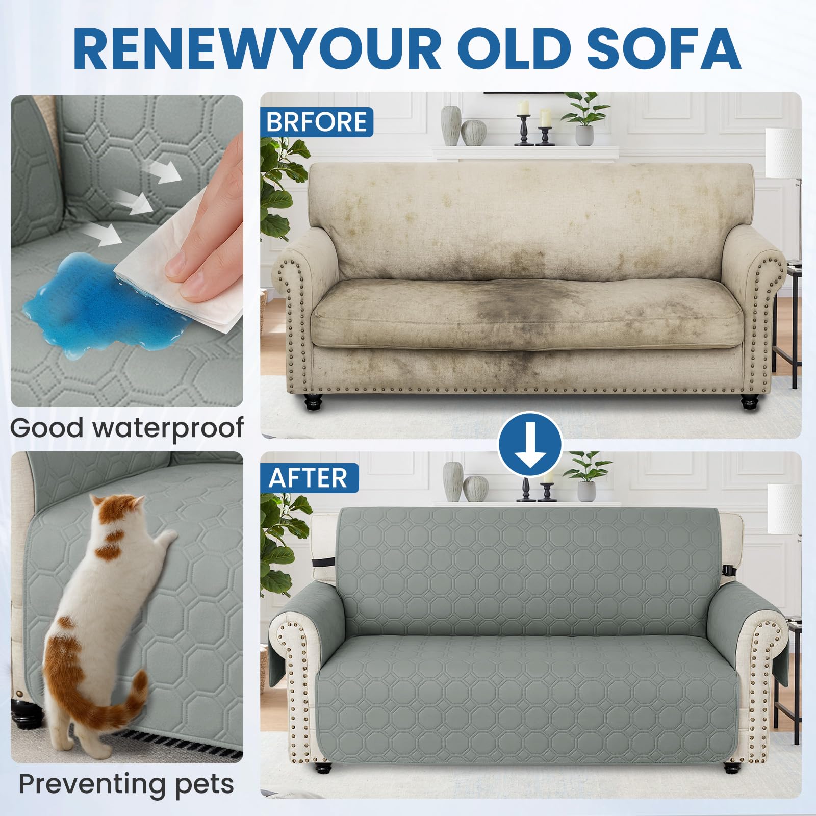 Ystyle Copridivano Impermeabile 1 Posto Con Braccioli, Copri Divano Antigraffio Gatto Con Tasche Laterali, Sofa Cover Antiscivolo, Universale Copridivani Mobili Protector, Grigio Chiaro