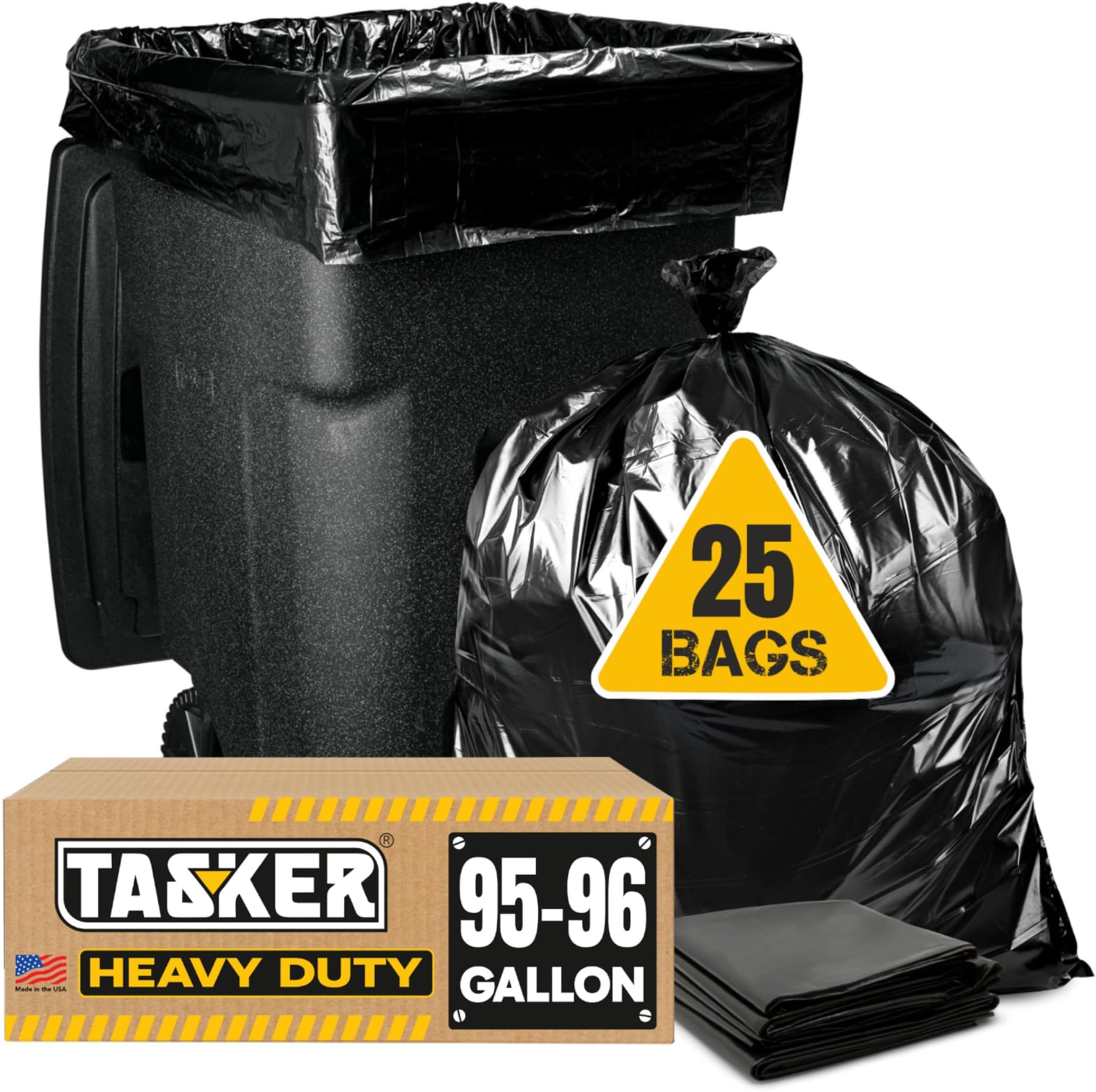 Tasker 95 Gallon Contractor Garbage Bags - 2 Mil Extra Heavy Duty Trash Bags - 96-100 Gallon Trash Can Liners, Industrial Trash Bags with Ties - 25 Count