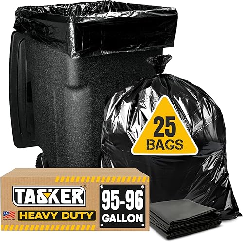 Tasker Bolsas de basura de 95-96 galones, resistentes de 2 mil (paquete de 25 bolsas con lazos), bolsas de basura extra grandes para contratistas,