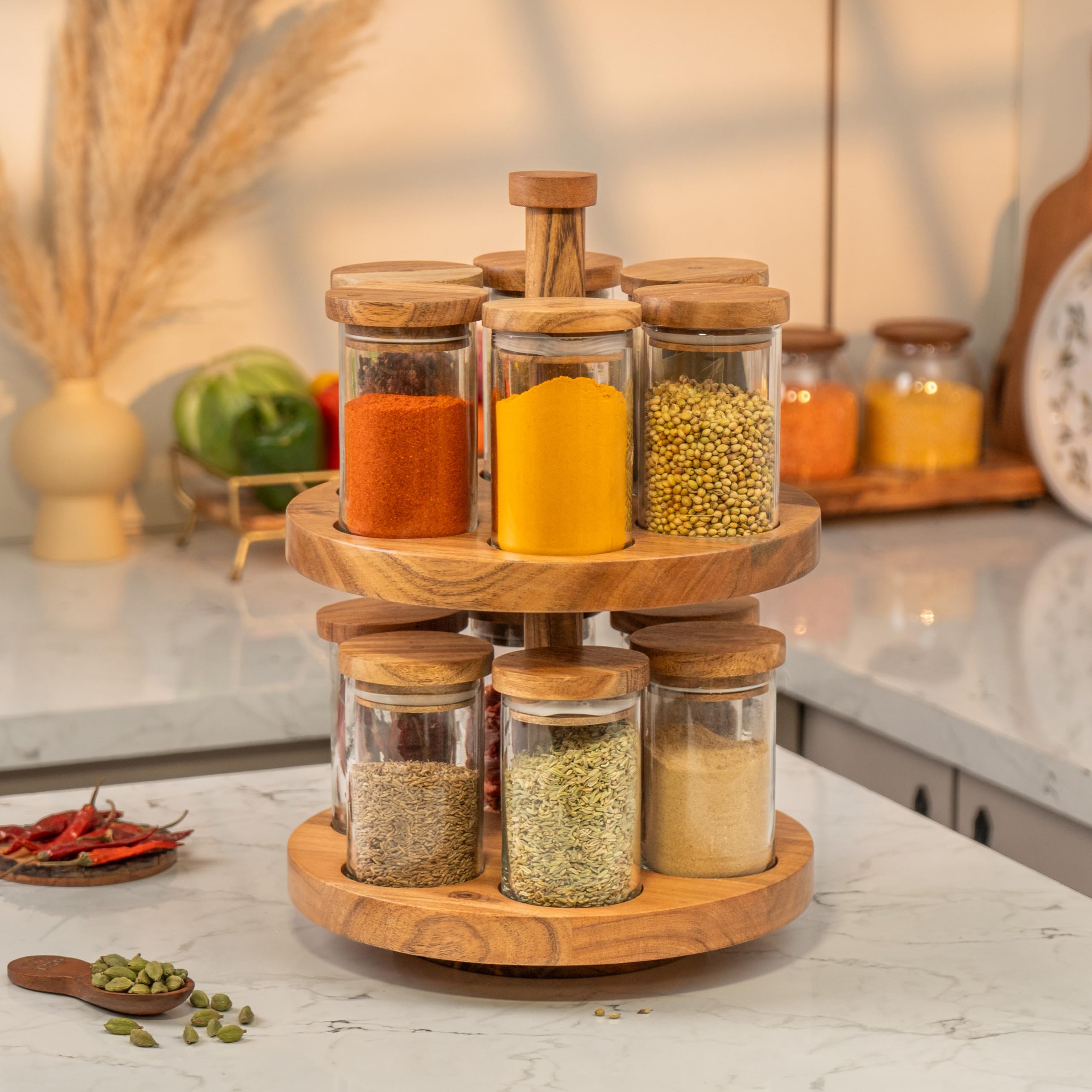 ireka HOMES | Masara Rotating Spice Rack with 12 Glass Jars & Airtight Acacia Wood Lids | 360° Wooden Masala Stand Organizer | 240ml Jars | Kitchen Spice Storage Carousel | 10 x 10 x 14.5 Inches