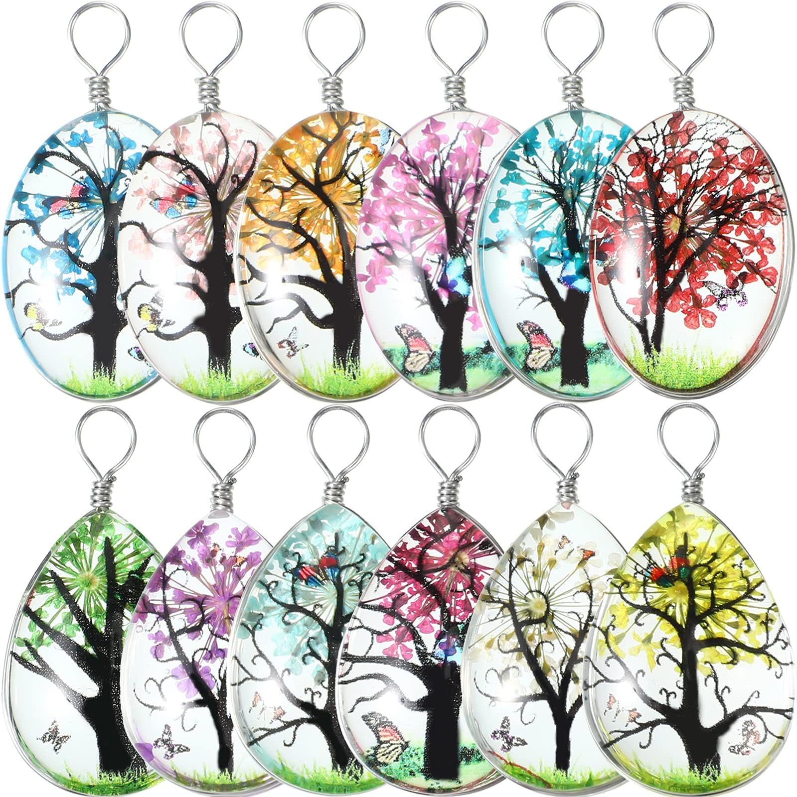 12 Pieces Dried Flower Tree Pendant Charms Resin Dried Pressed Flower Pendant Water Drop Glass Beads Lacework Floating Ornament Mixed Color for Making Jewelry Craft DIY Necklace, 0.7 x 1 x 0.3 Inch