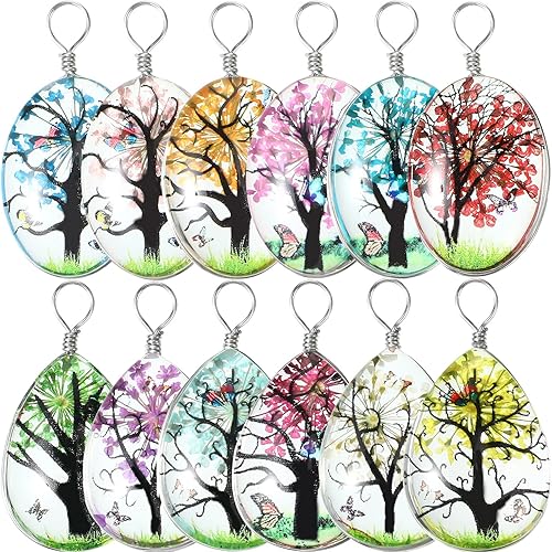 12 dijes de árbol de flores secas de resina, colgante de flores secas prensadas, cuentas de vidrio de encaje, adorno flotante de color mixto para