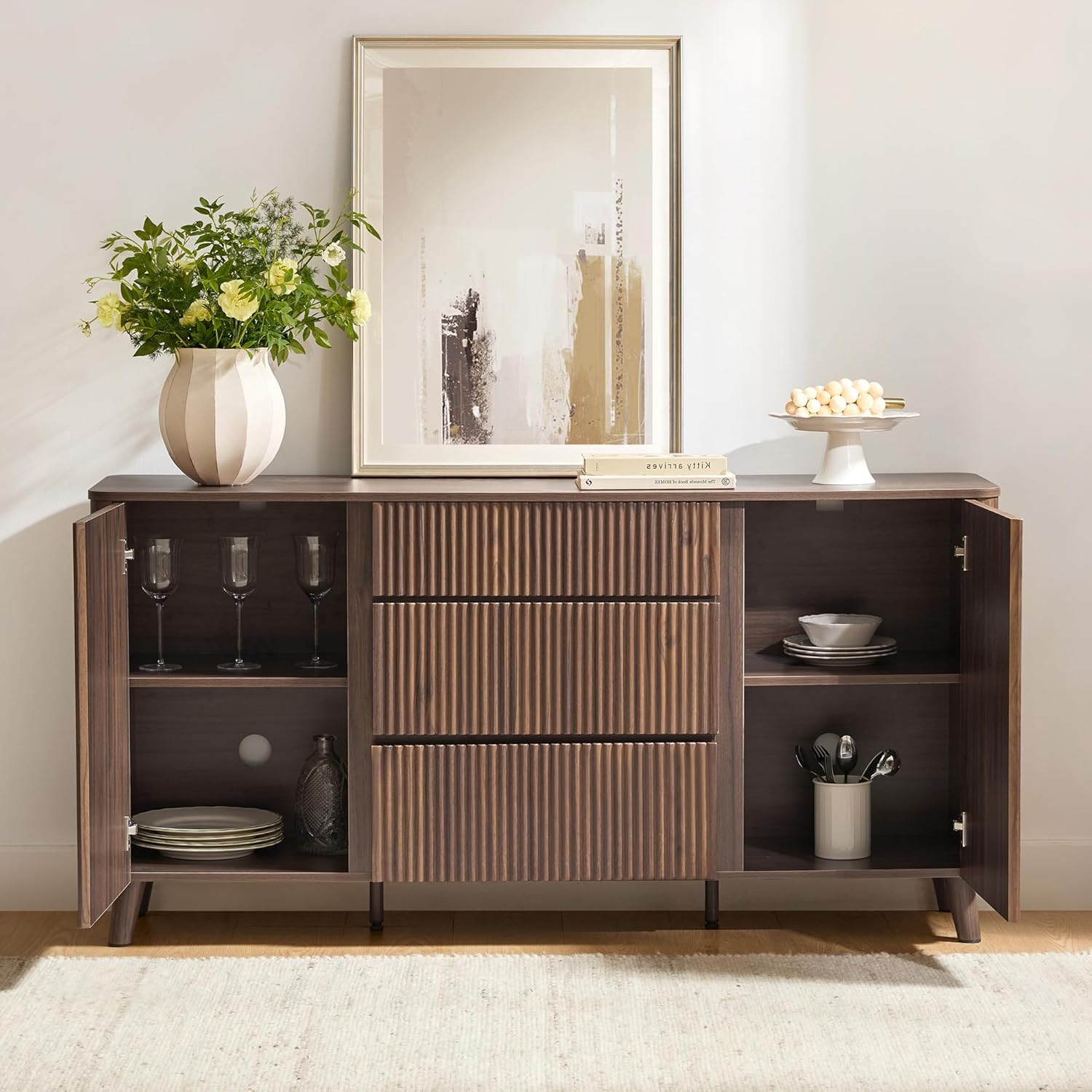 CHITA 62" Sideboard Buffet Cabinet with Storage, Living Room Accent Cabinet with Drawers, Doors and Adjustable Shelves, for Bar, Kitchen and Dining Room, Walnut Walnut Set of 1